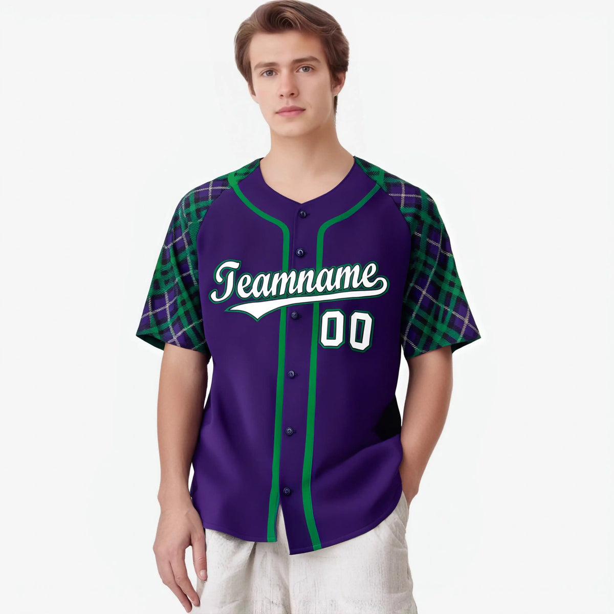 Custom Purple Green-White Authentic Plaid sleeve Baseball Jersey