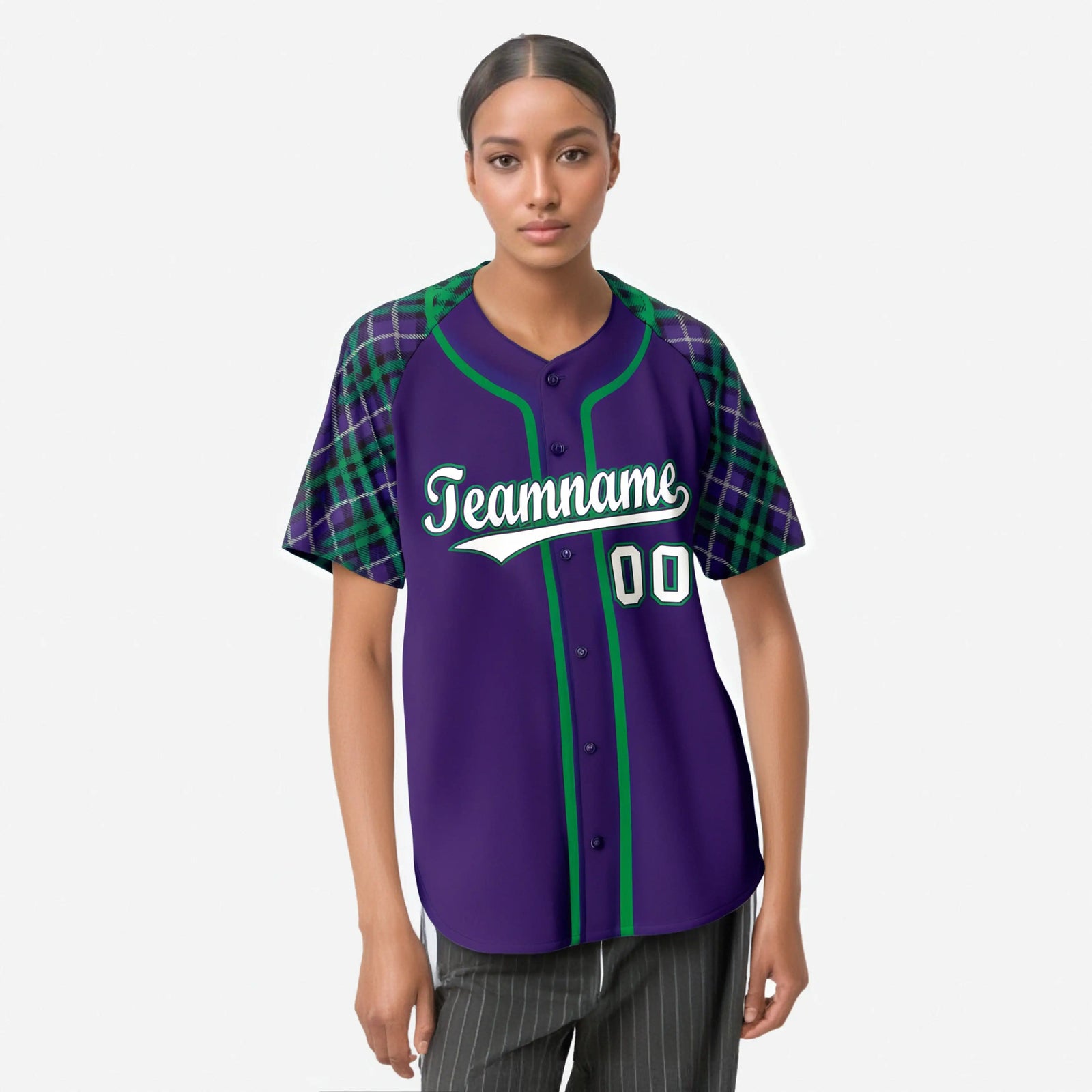 Custom Purple Green-White Authentic Plaid sleeve Baseball Jersey