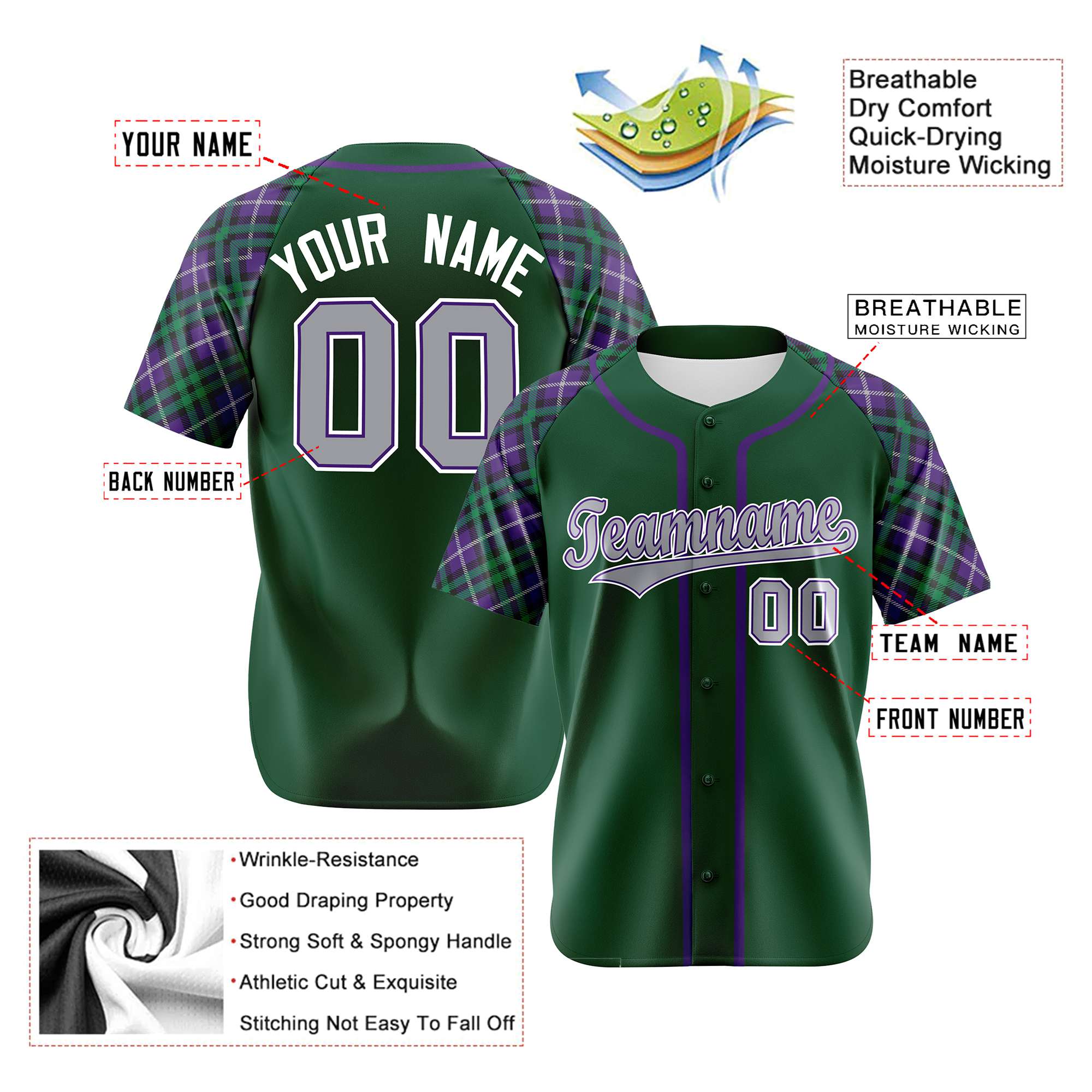 Custom Kelly Green Purple-Gray Authentic Plaid sleeve Baseball Jersey