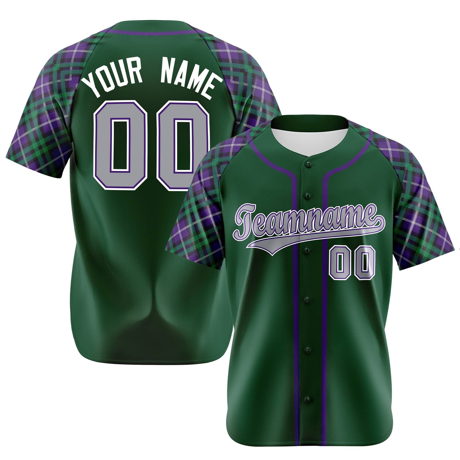 Custom Kelly Green Purple-Gray Authentic Plaid sleeve Baseball Jersey