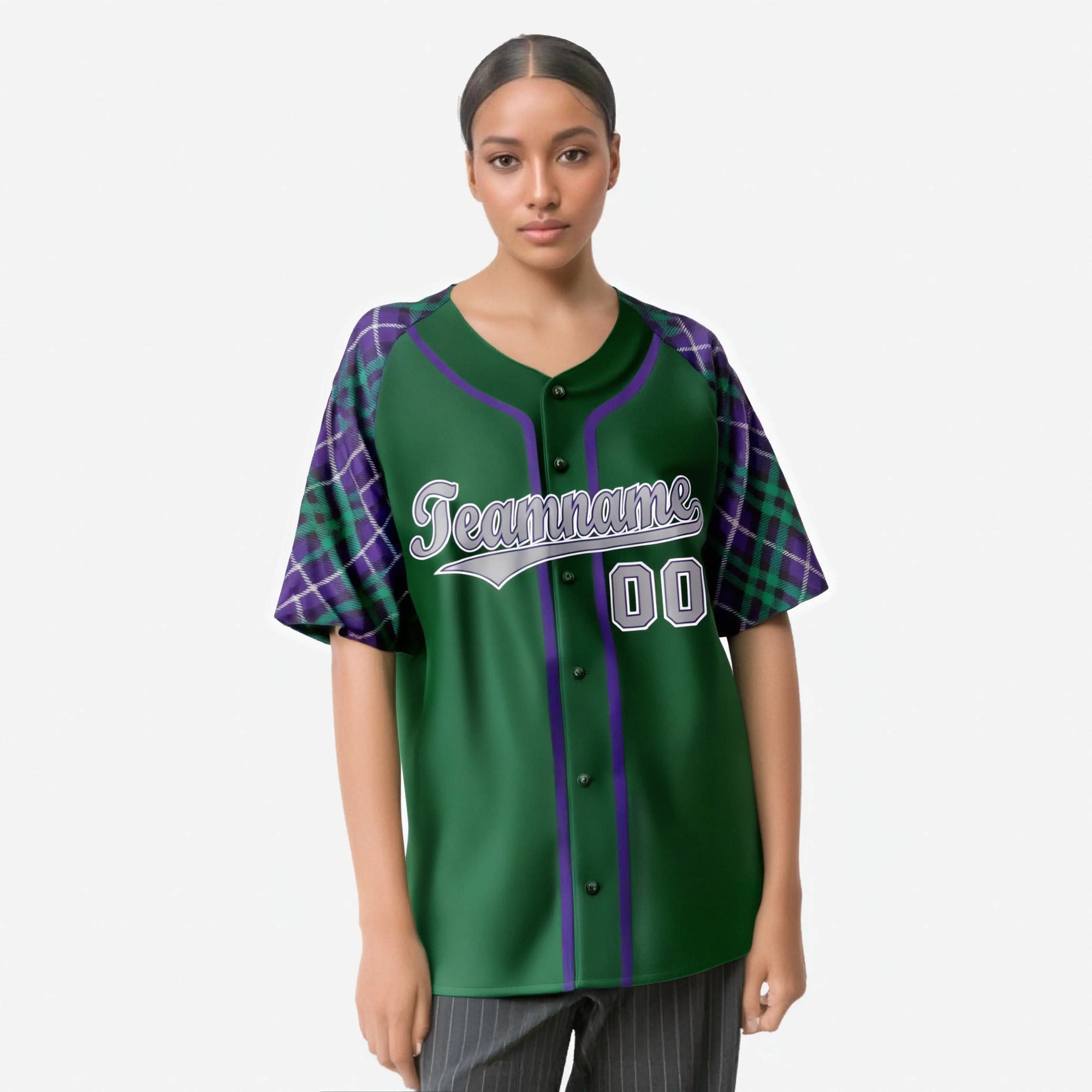 Custom Kelly Green Purple-Gray Authentic Plaid sleeve Baseball Jersey