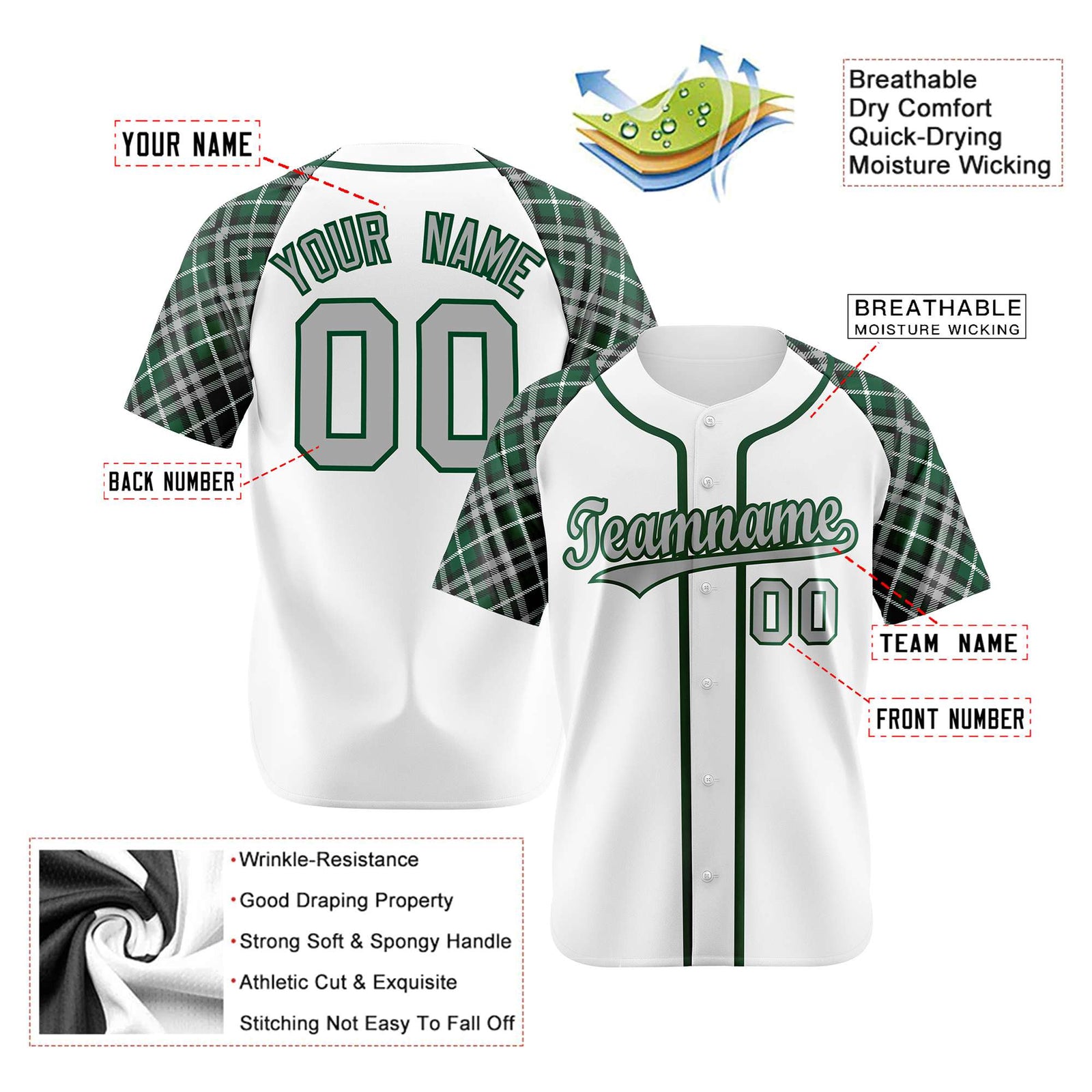 Custom White Green-Gray Authentic Plaid sleeve Baseball Jersey