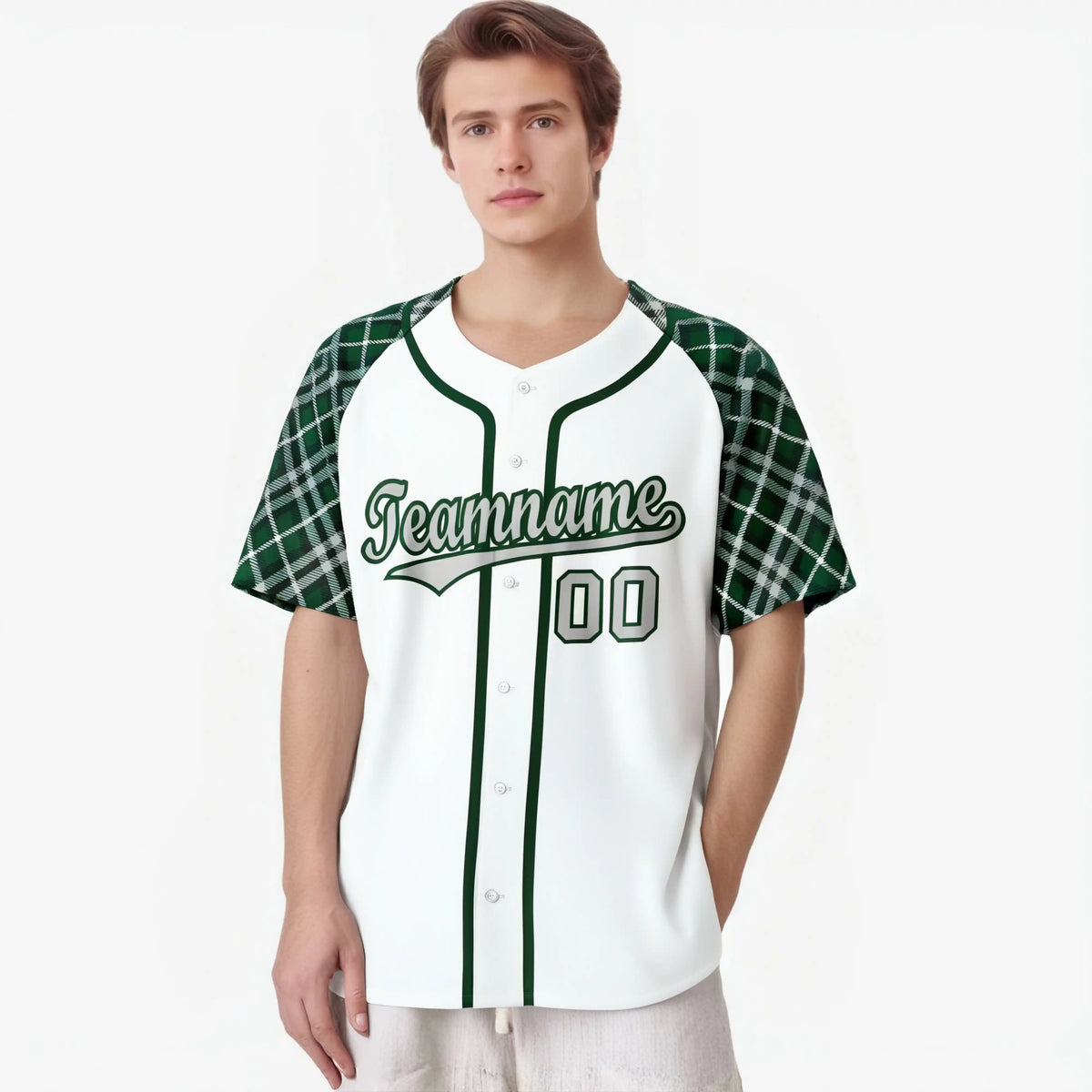 Custom White Green-Gray Authentic Plaid sleeve Baseball Jersey