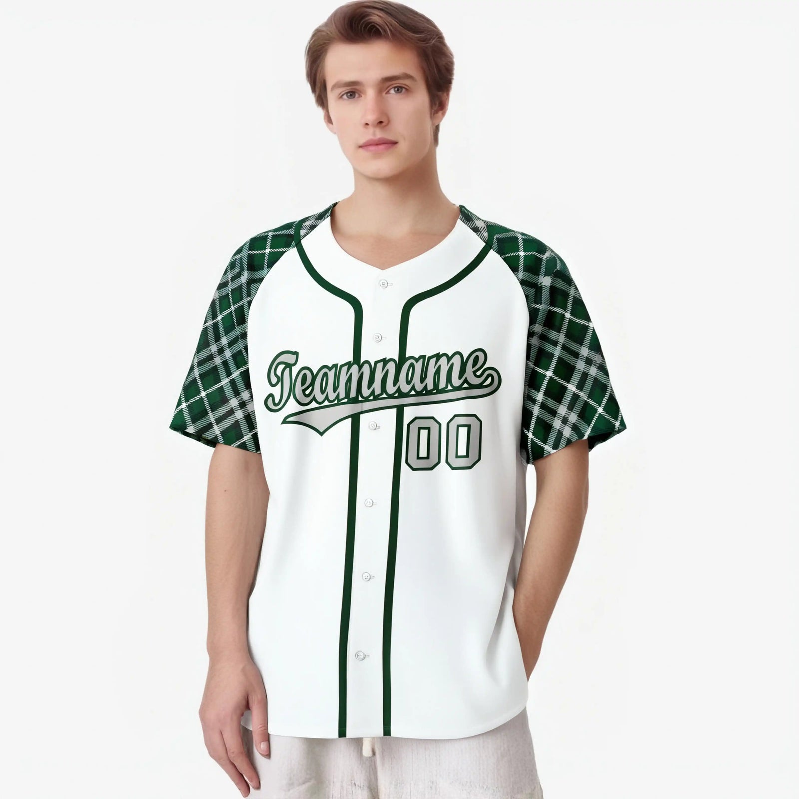 Custom White Green-Gray Authentic Plaid sleeve Baseball Jersey