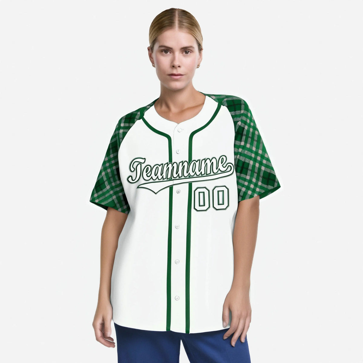 Custom White Green-White Authentic Plaid sleeve Baseball Jersey