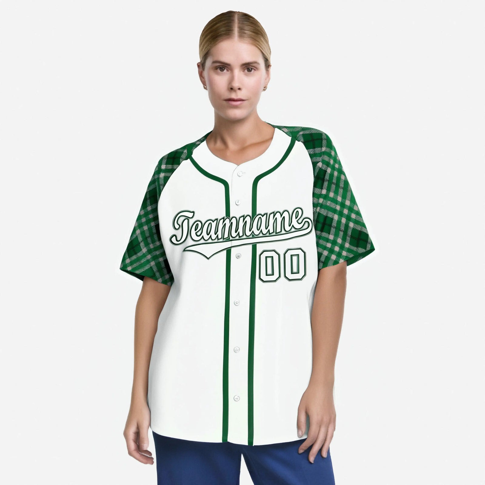Custom White Green-White Authentic Plaid sleeve Baseball Jersey