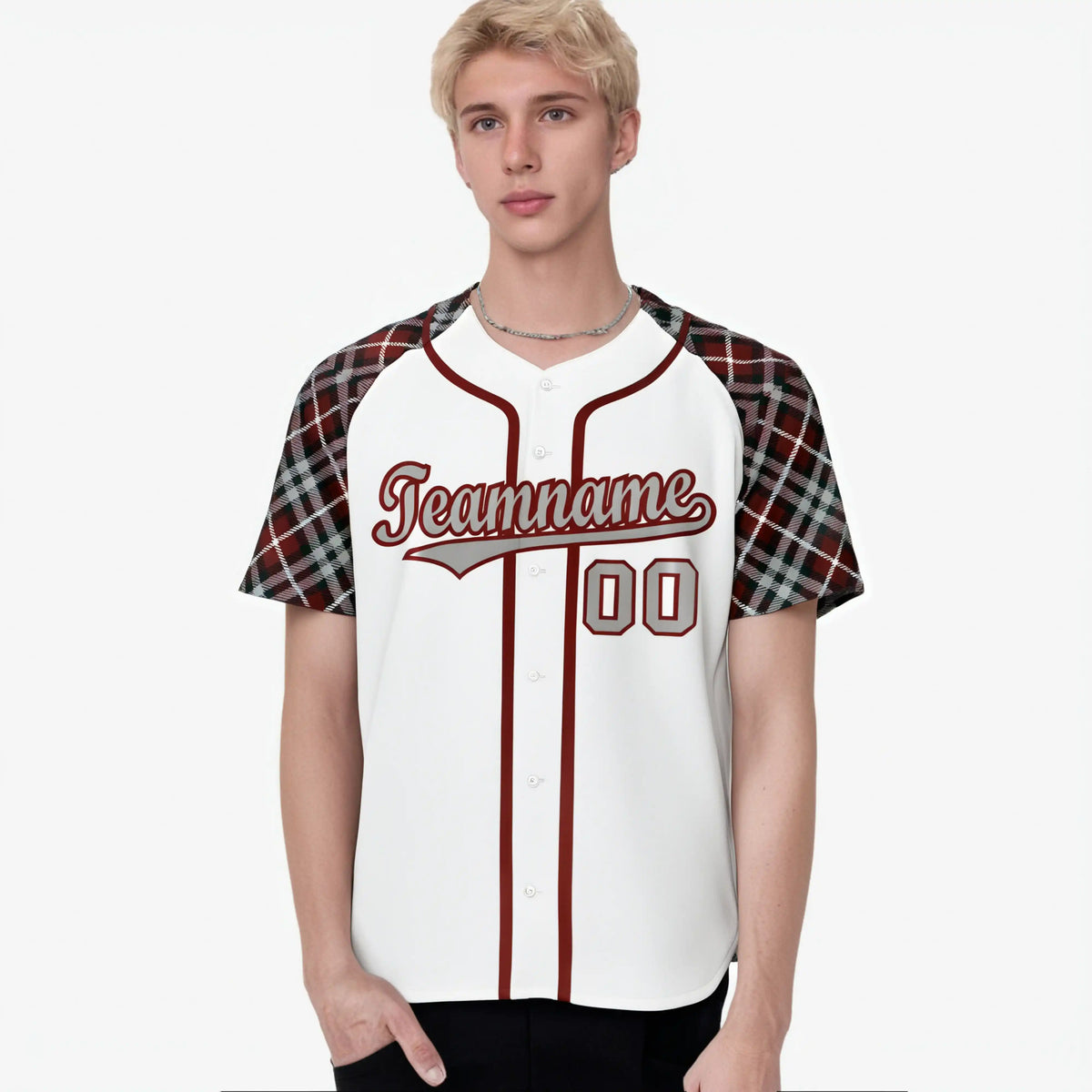 Custom White Burgundy-Gray Authentic Plaid sleeve Baseball Jersey