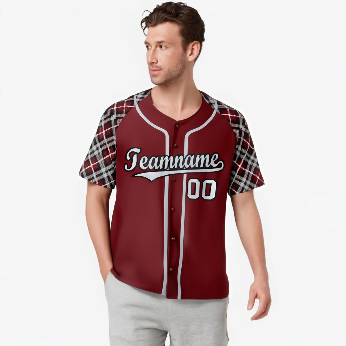 Custom Burgundy Gray-Black Authentic Plaid sleeve Baseball Jersey