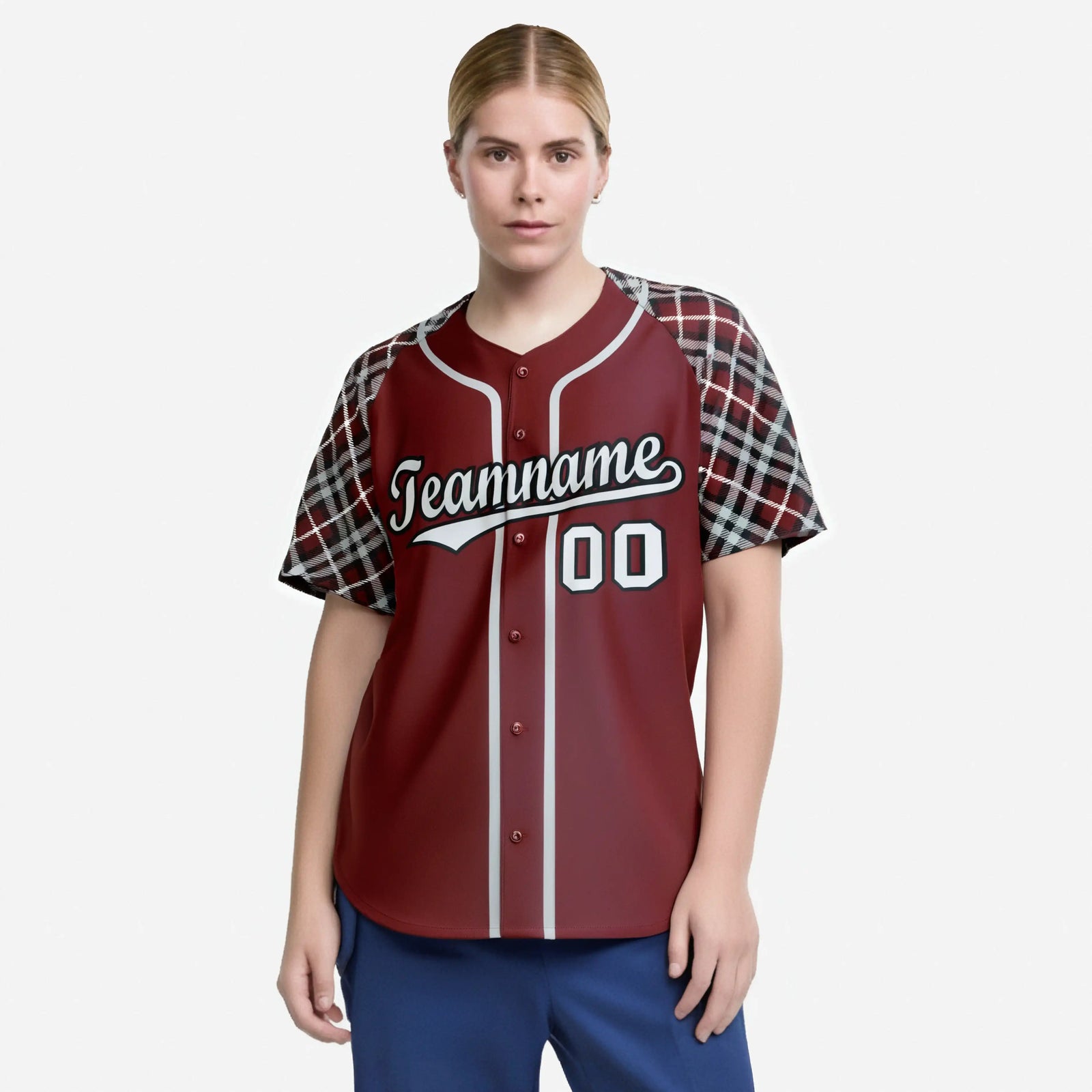 Custom Burgundy Gray-Black Authentic Plaid sleeve Baseball Jersey