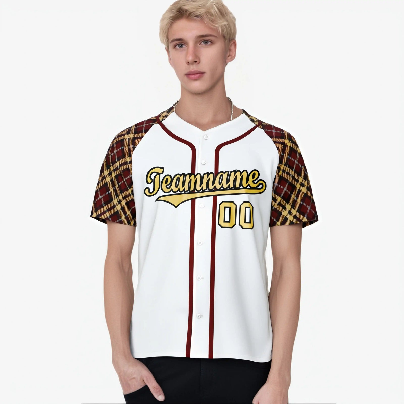Custom White Old-Gold Crimson-Black Authentic Plaid sleeve Baseball Jersey