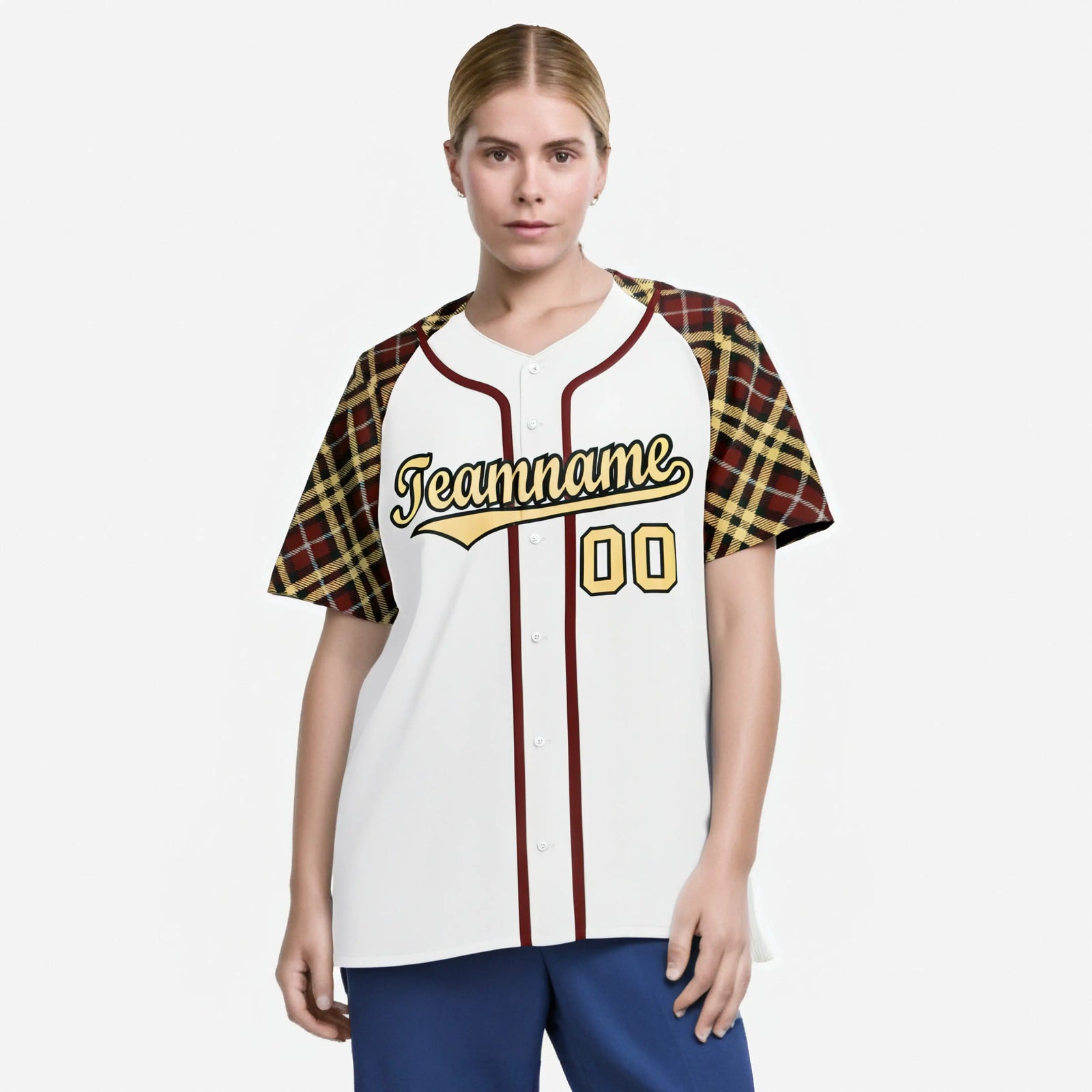 Custom White Old-Gold Crimson-Black Authentic Plaid sleeve Baseball Jersey
