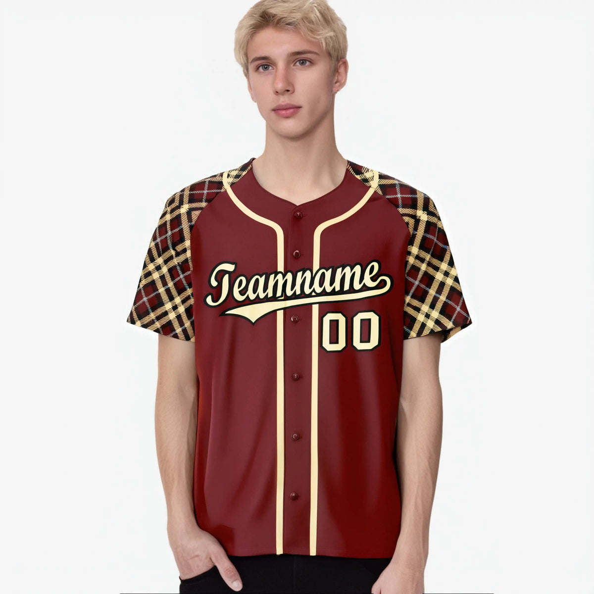 Custom Crimson Old-Gold Black-White Authentic Plaid sleeve Baseball Jersey