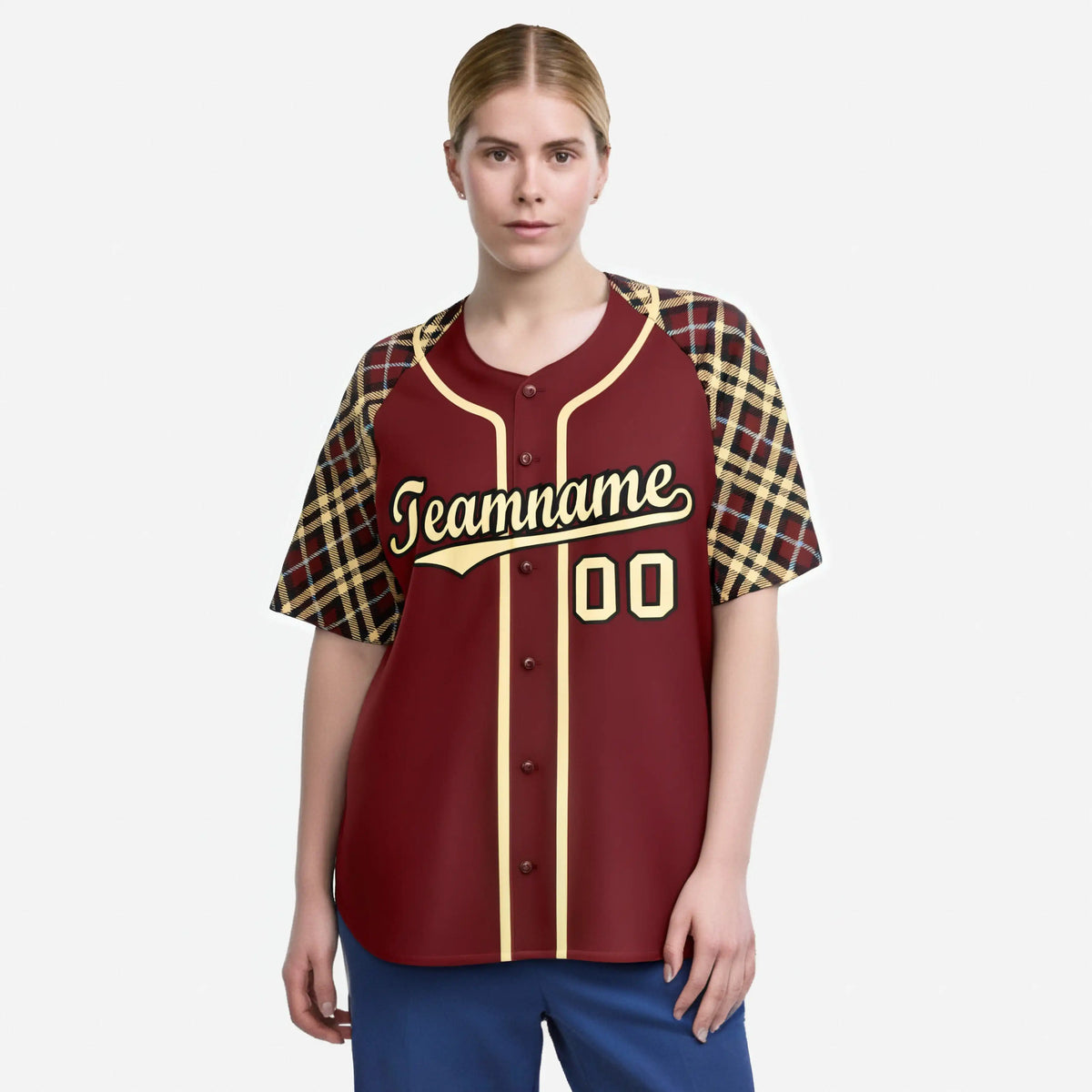 Custom Crimson Old-Gold Black-White Authentic Plaid sleeve Baseball Jersey