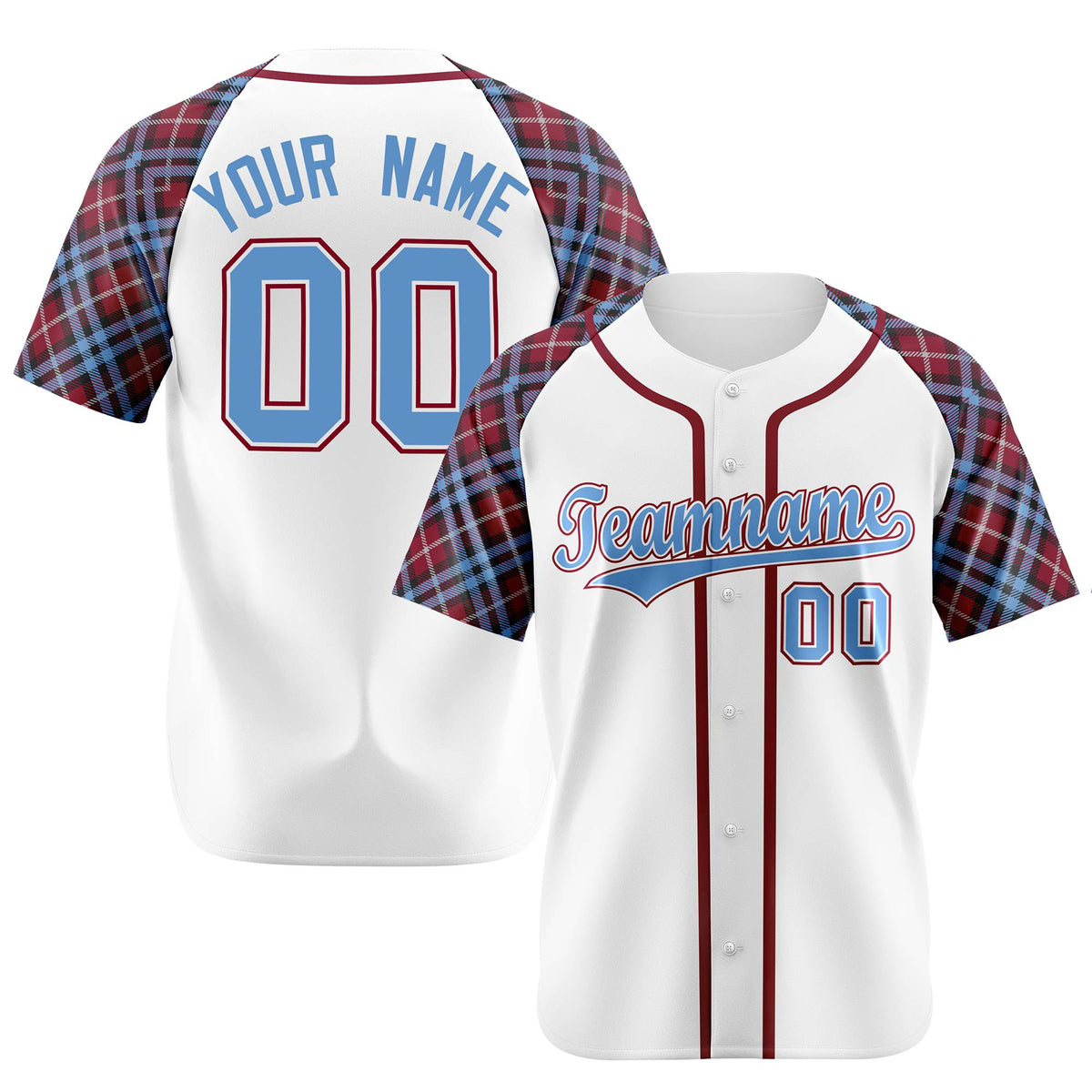 Custom White Light Blue Red Authentic Plaid sleeve Baseball Jersey