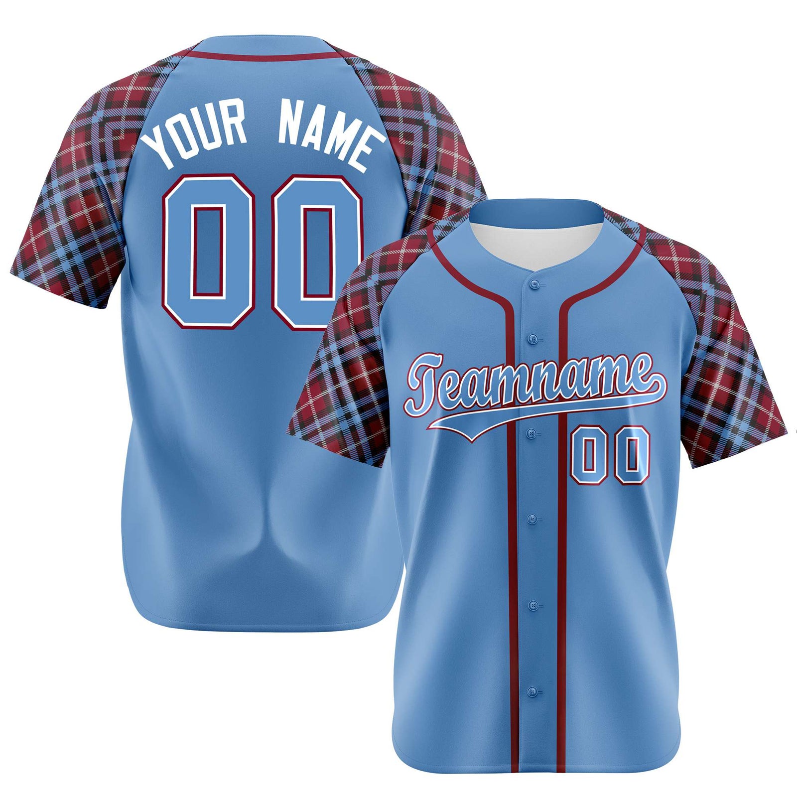 Custom Light Blue Red-White Authentic Plaid sleeve Baseball Jersey