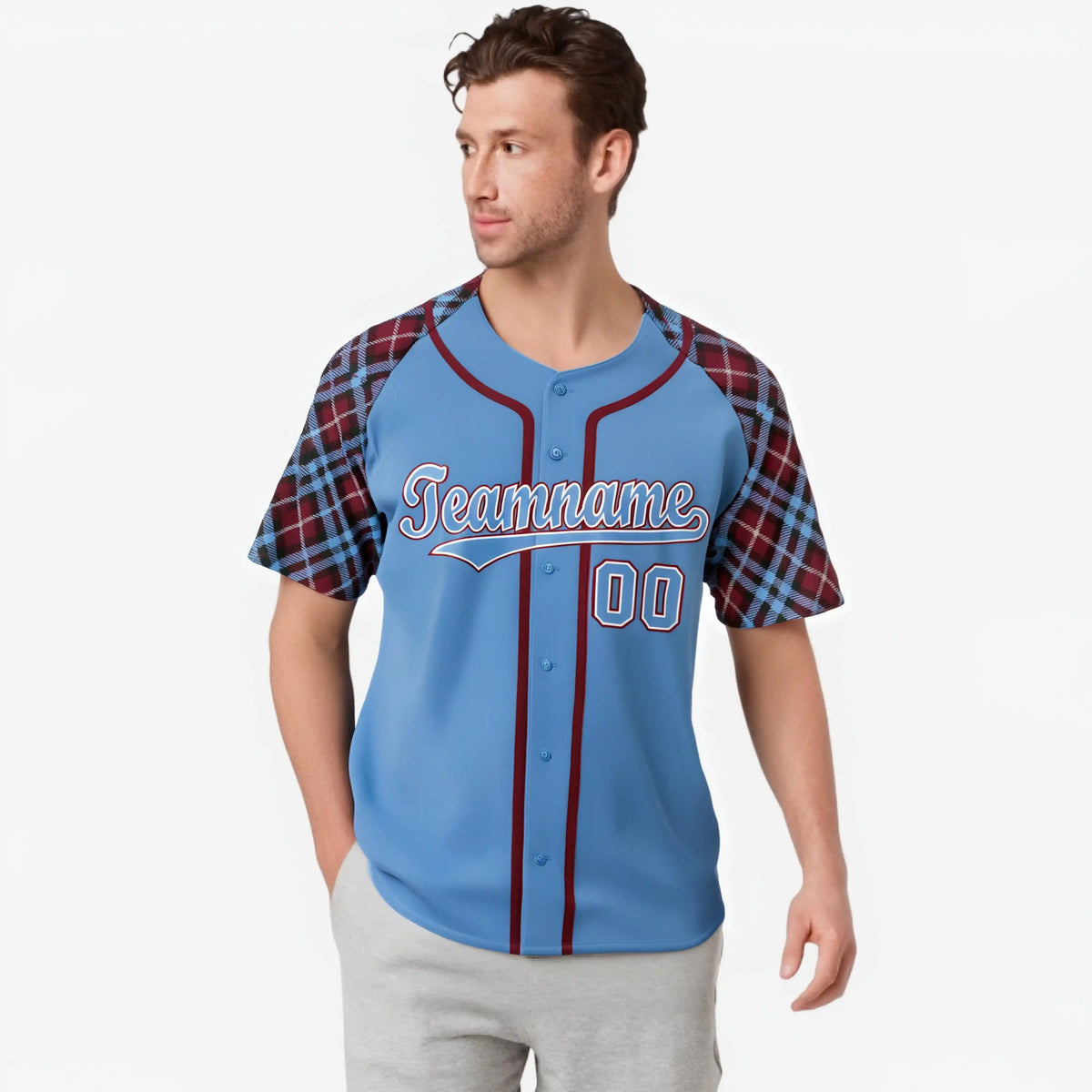 Custom Light Blue Red-White Authentic Plaid sleeve Baseball Jersey