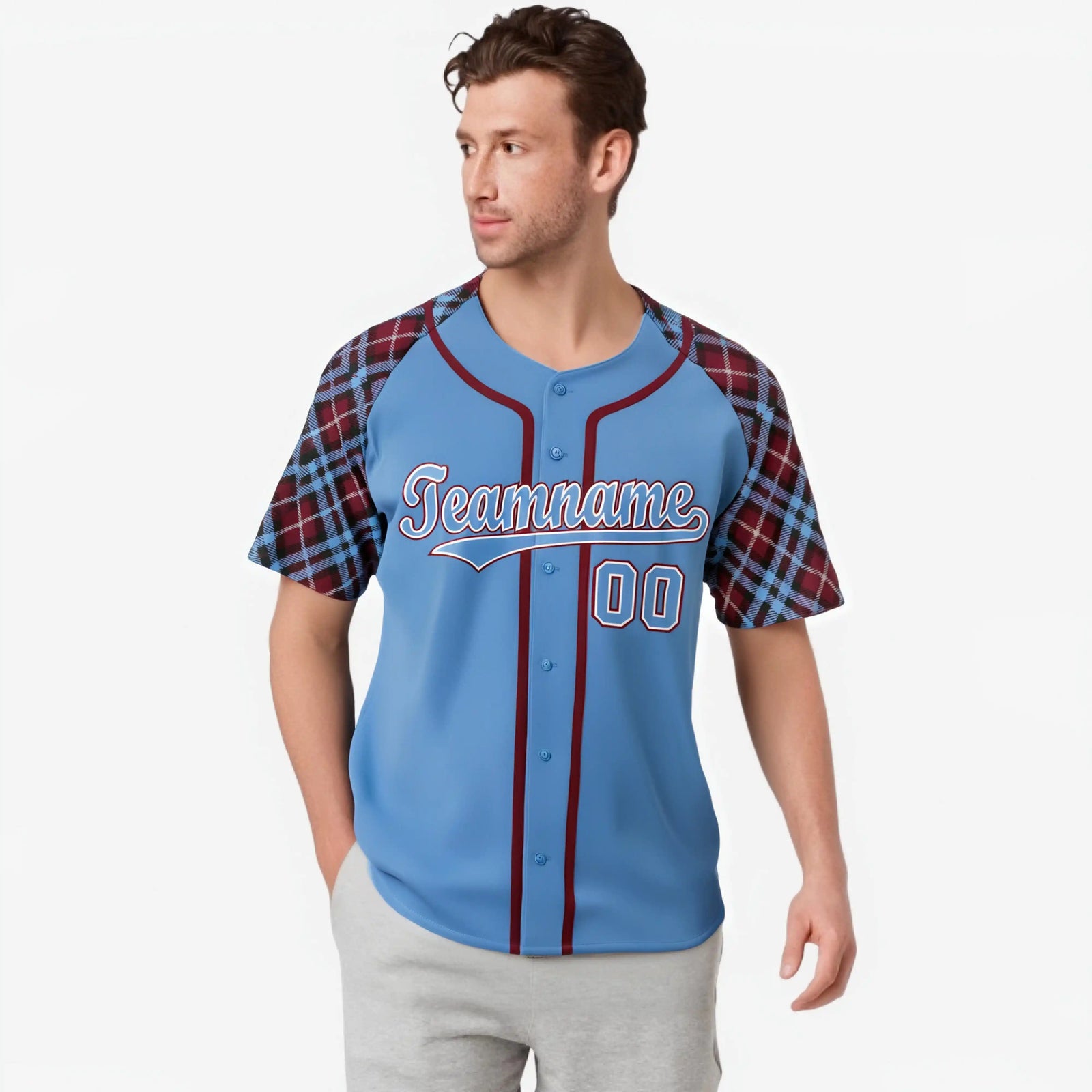 Custom Light Blue Red-White Authentic Plaid sleeve Baseball Jersey