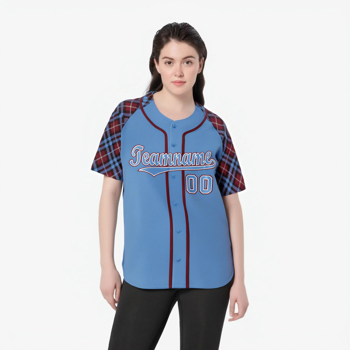 Custom Light Blue Red-White Authentic Plaid sleeve Baseball Jersey