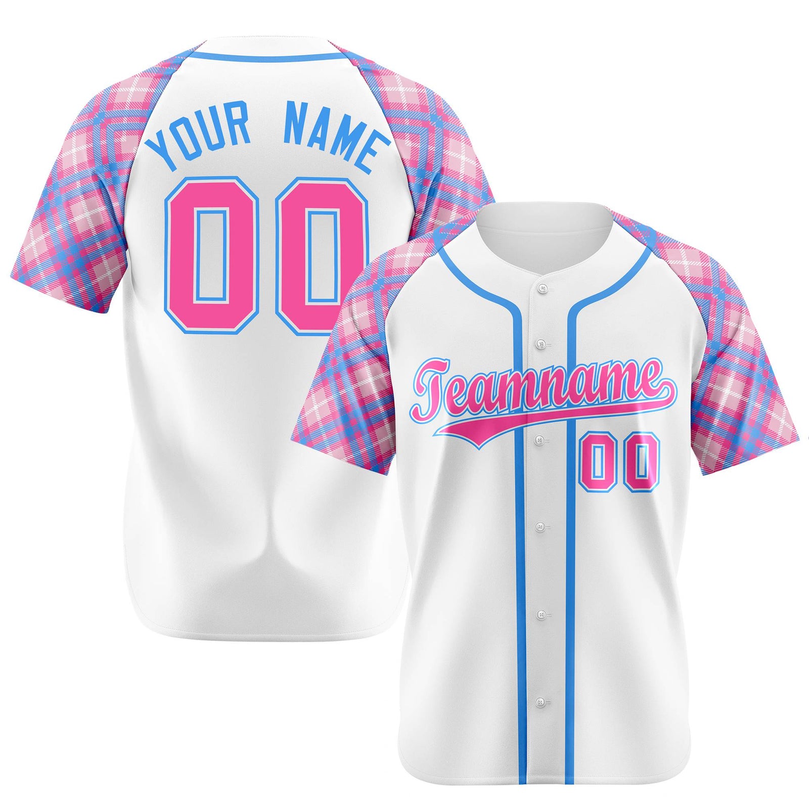 Custom White Pink-Blue Authentic Plaid sleeve Baseball Jersey