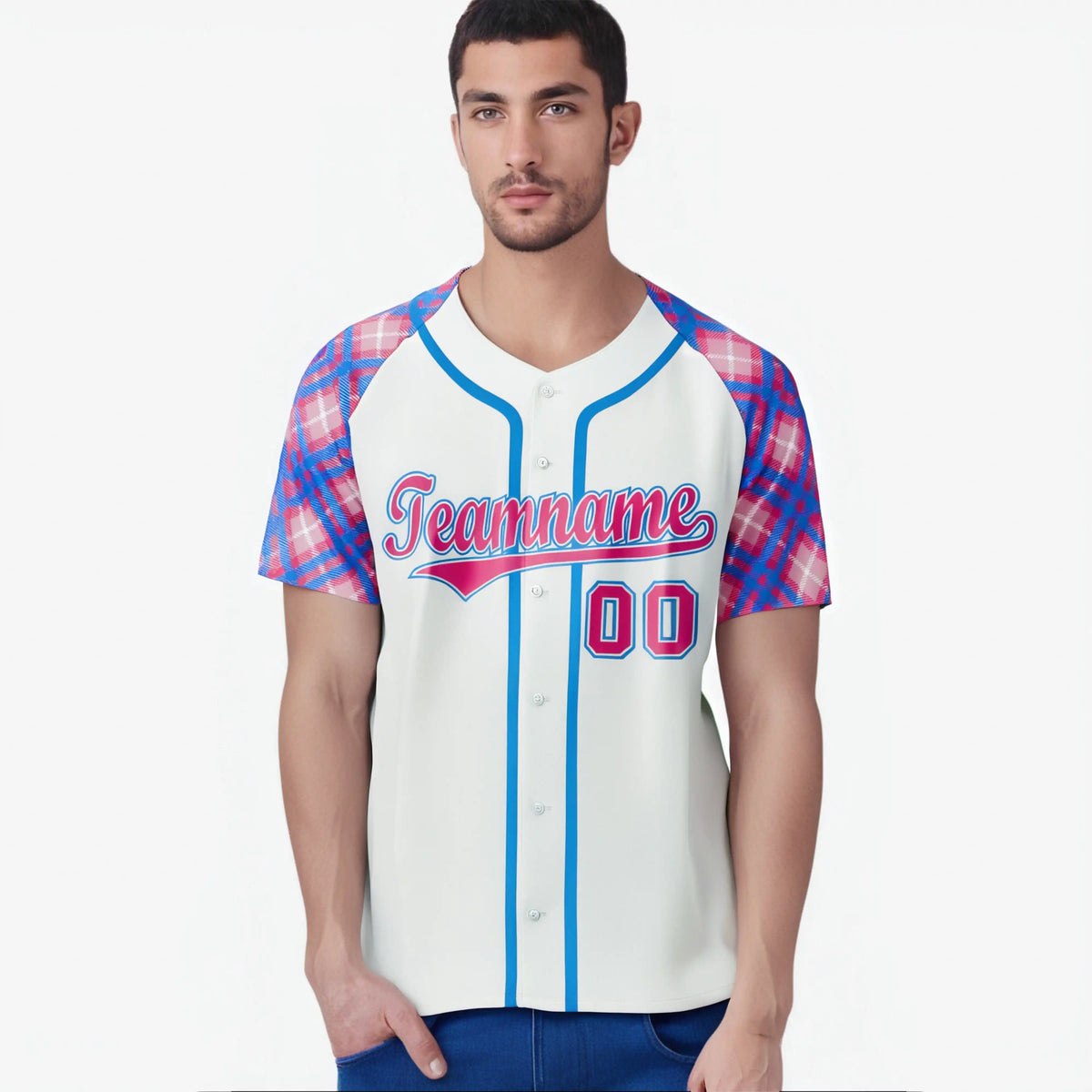 Custom White Pink-Blue Authentic Plaid sleeve Baseball Jersey