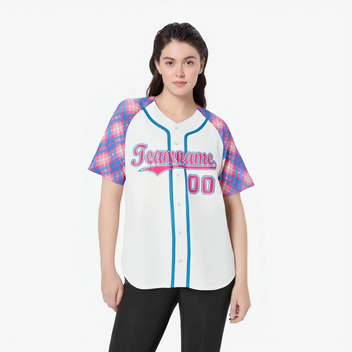 Custom White Pink-Blue Authentic Plaid sleeve Baseball Jersey