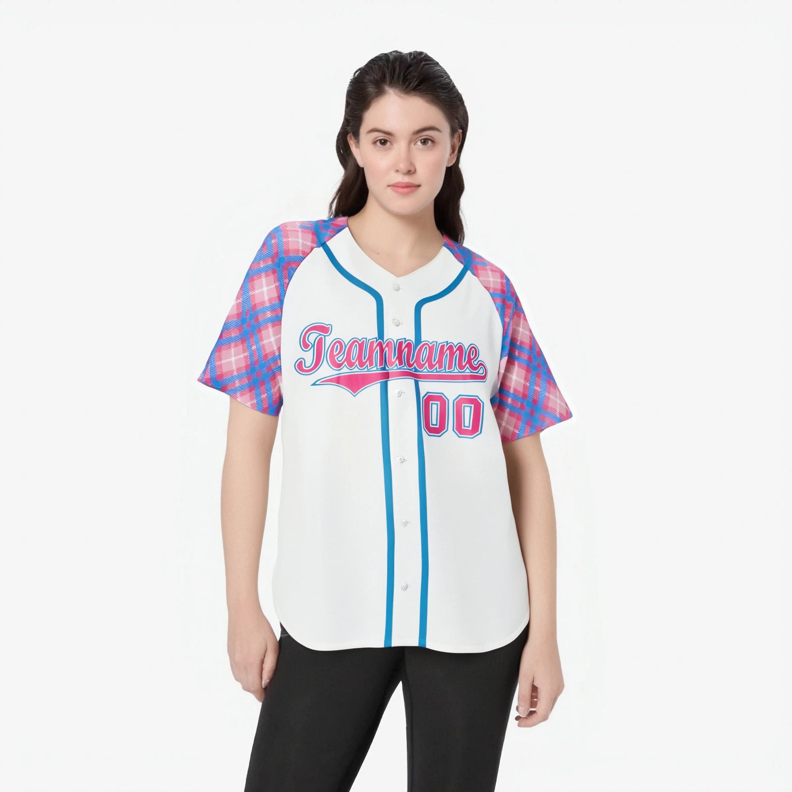 Custom White Pink-Blue Authentic Plaid sleeve Baseball Jersey