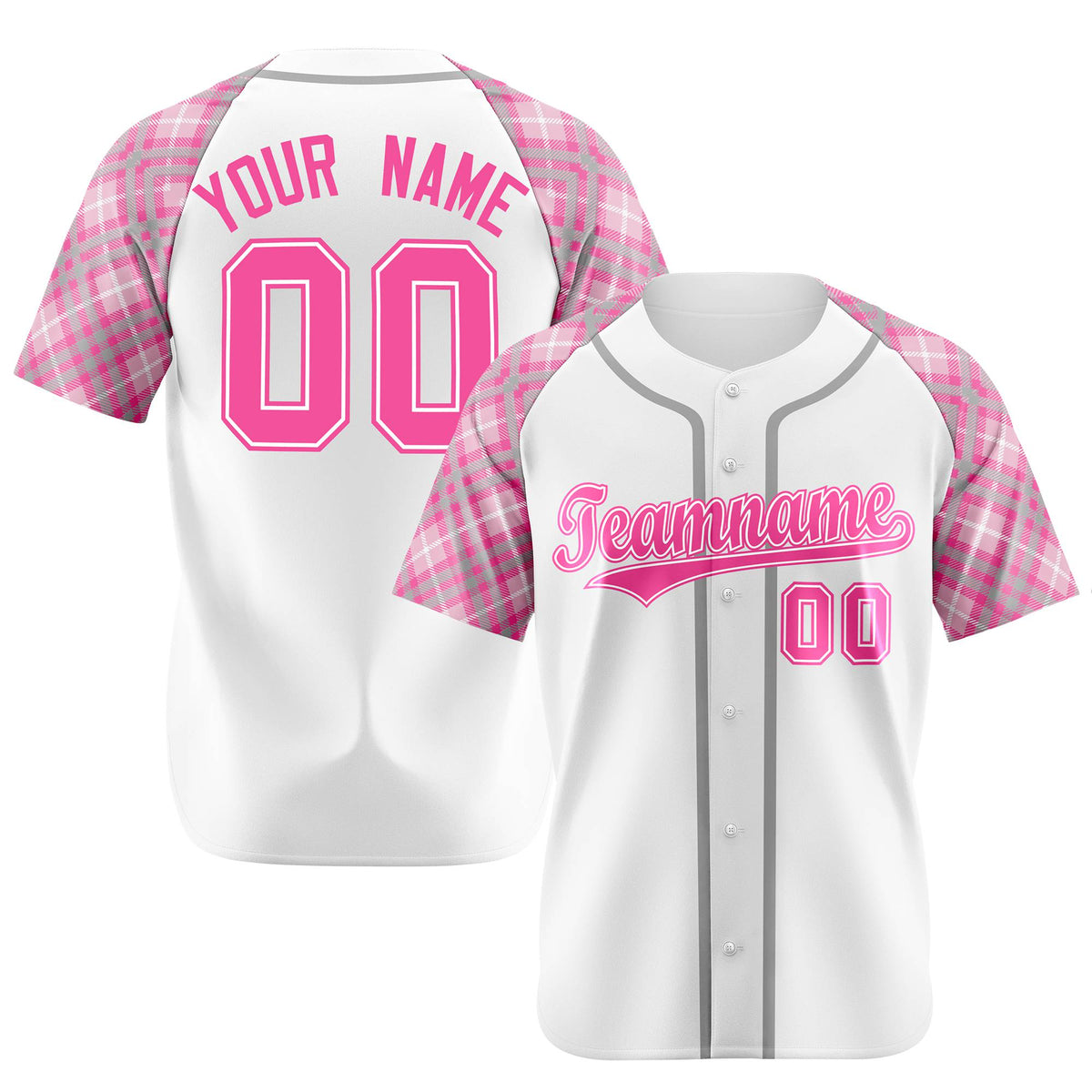 Custom White Pink-Gray Authentic Plaid sleeve Baseball Jersey