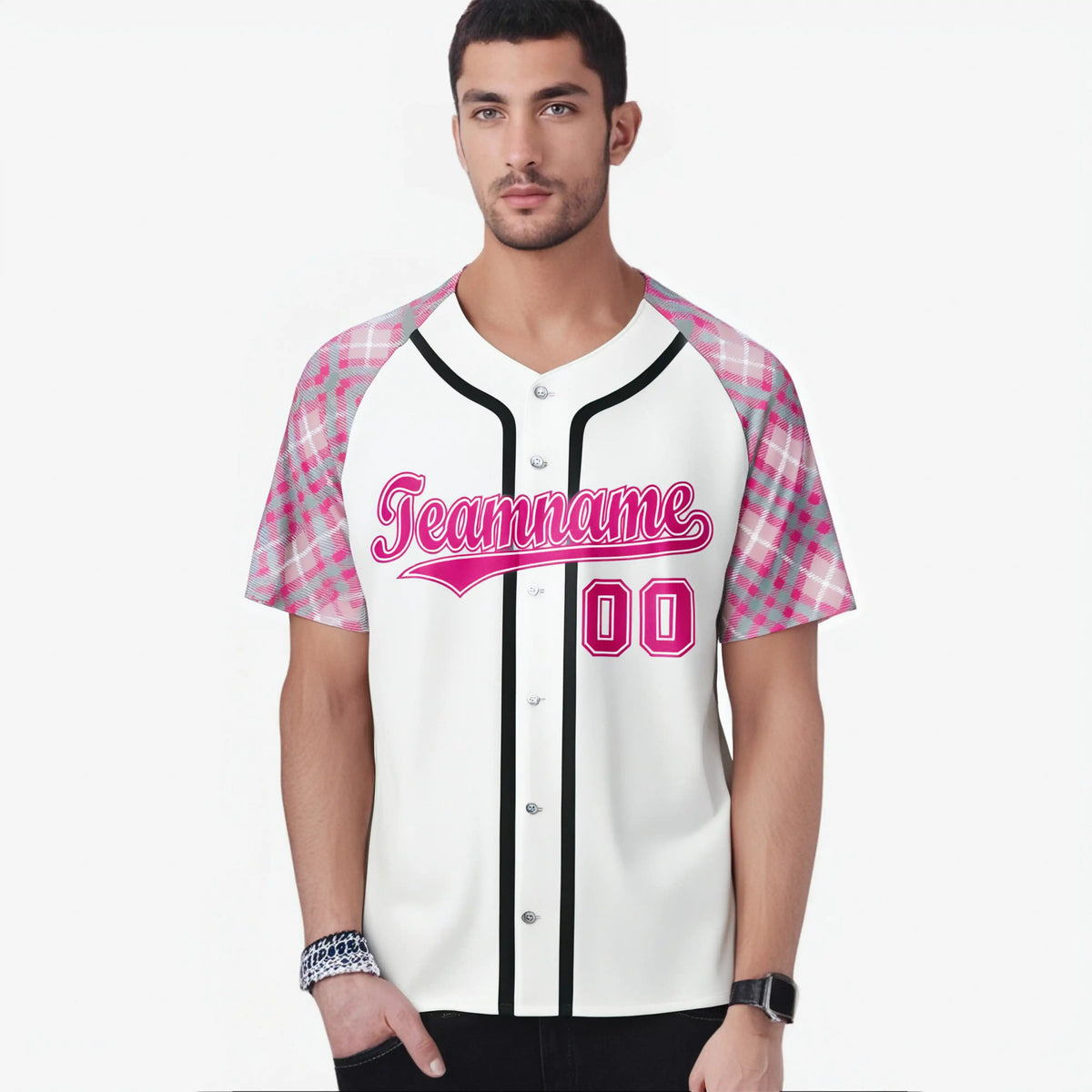 Custom White Pink-Gray Authentic Plaid sleeve Baseball Jersey