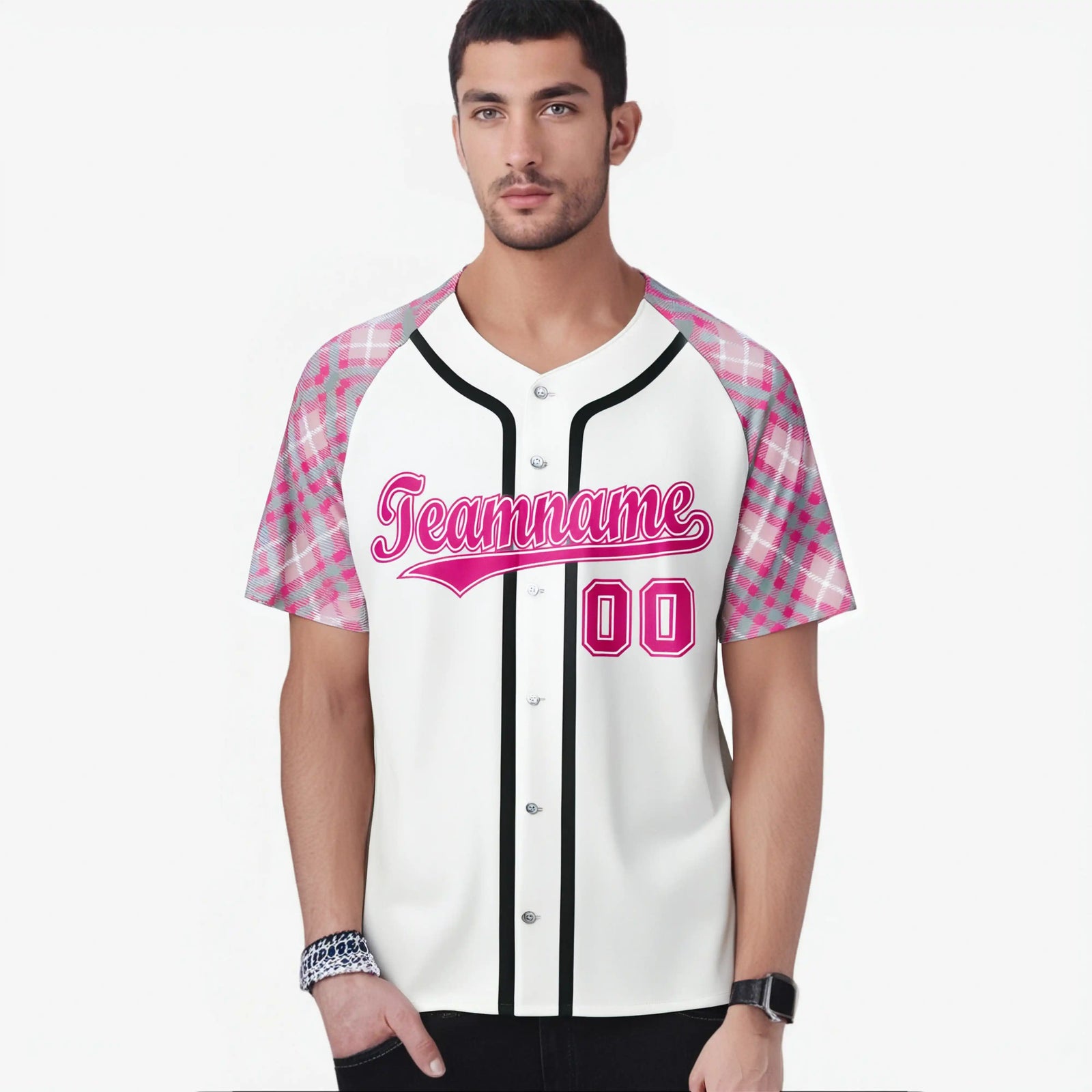 Custom White Pink-Gray Authentic Plaid sleeve Baseball Jersey