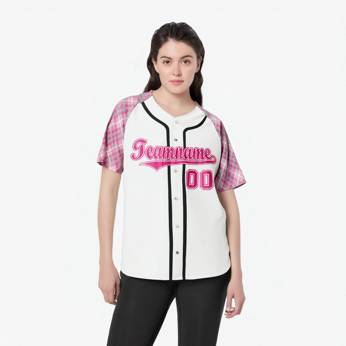 Custom White Pink-Gray Authentic Plaid sleeve Baseball Jersey