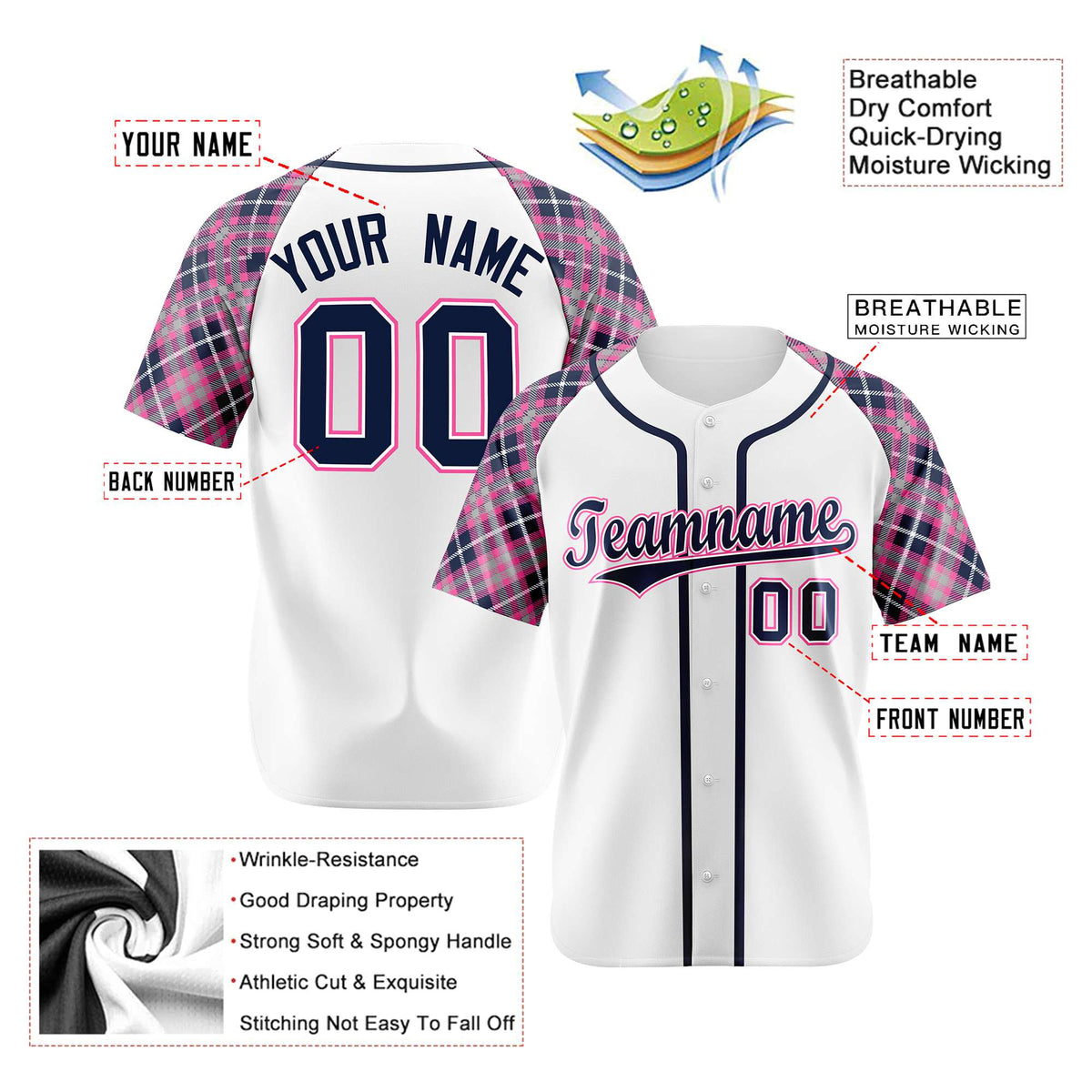 Custom White Pink-Navy Authentic Plaid sleeve Baseball Jersey