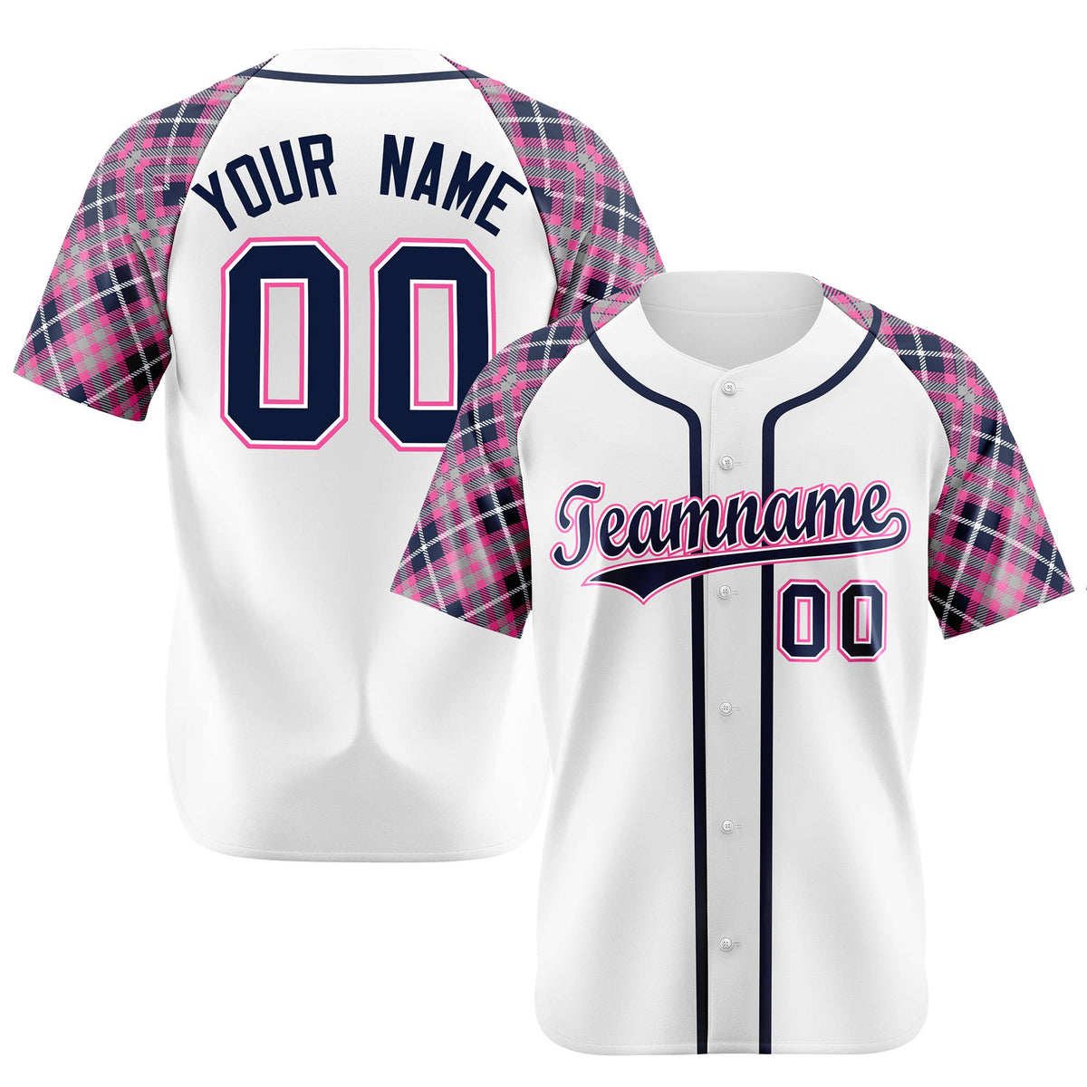 Custom White Pink-Navy Authentic Plaid sleeve Baseball Jersey