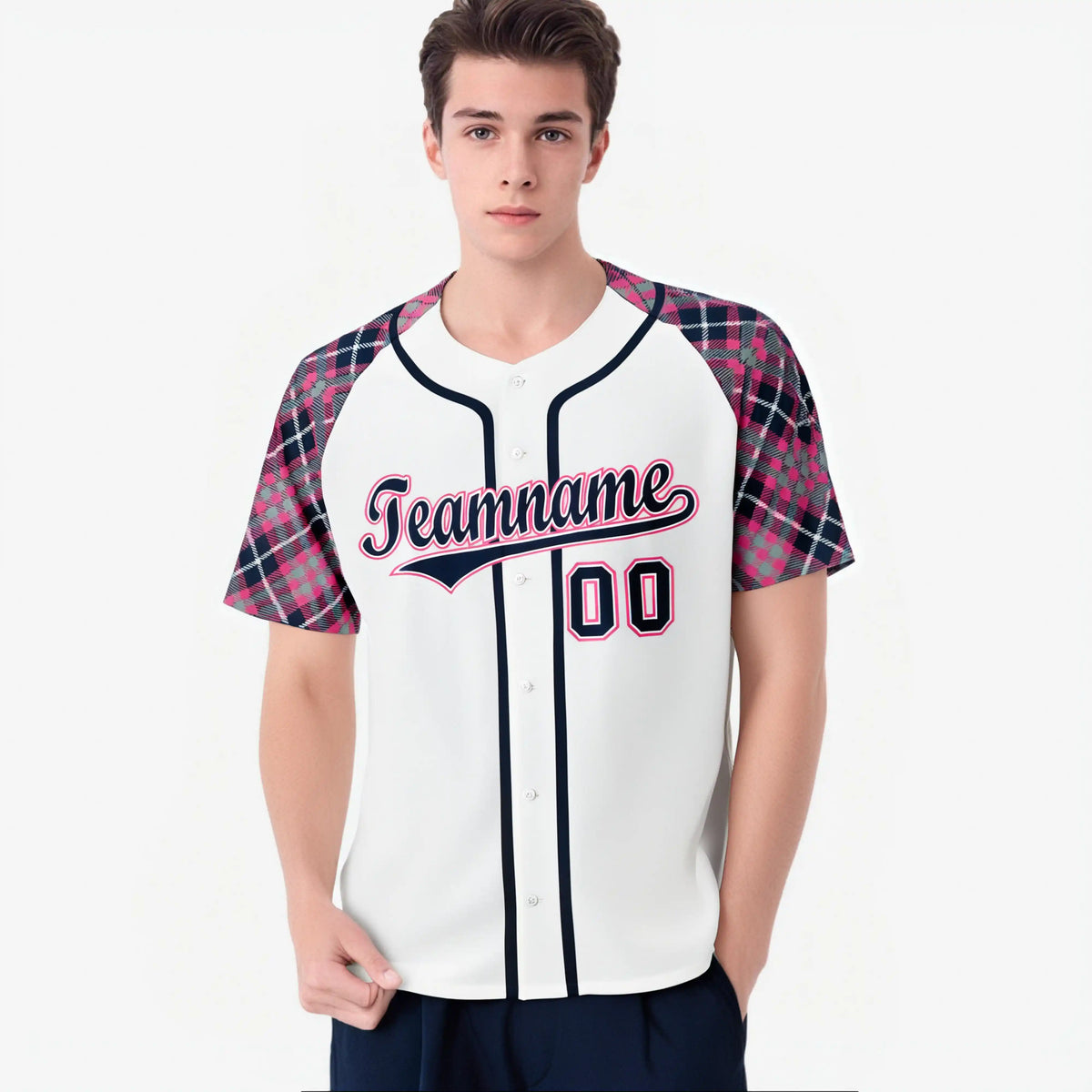 Custom White Pink-Navy Authentic Plaid sleeve Baseball Jersey