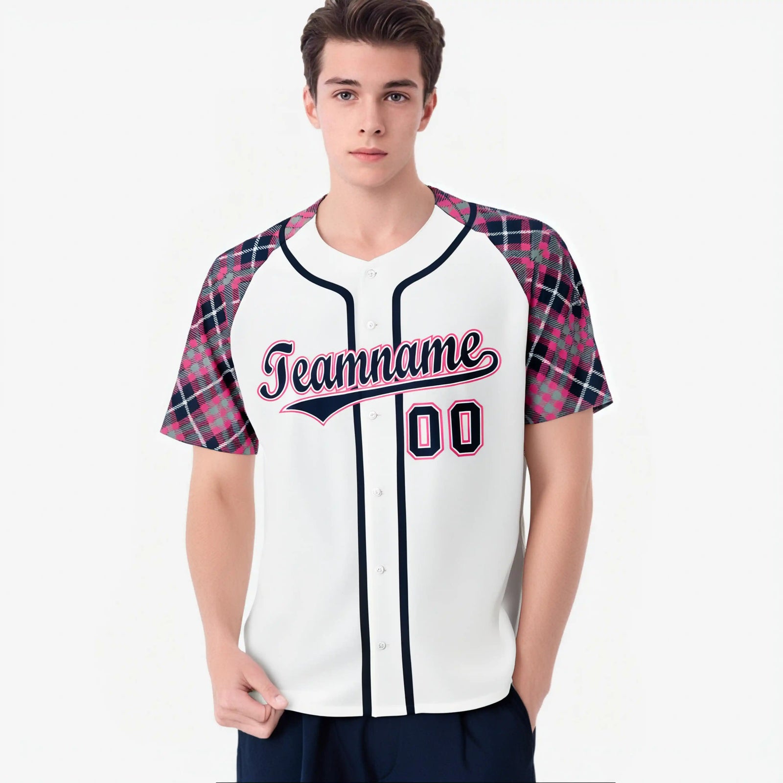 Custom White Pink-Navy Authentic Plaid sleeve Baseball Jersey