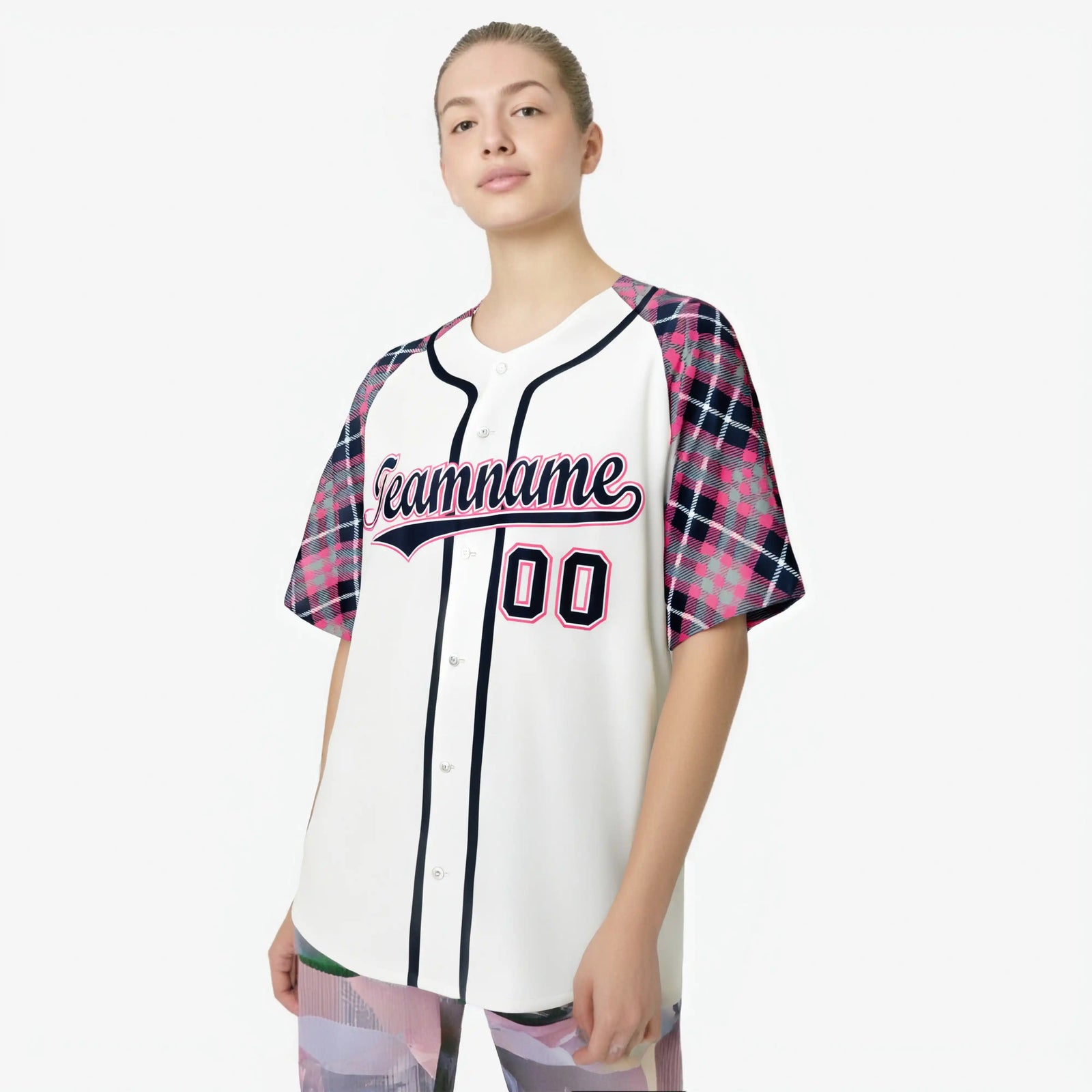 Custom White Pink-Navy Authentic Plaid sleeve Baseball Jersey