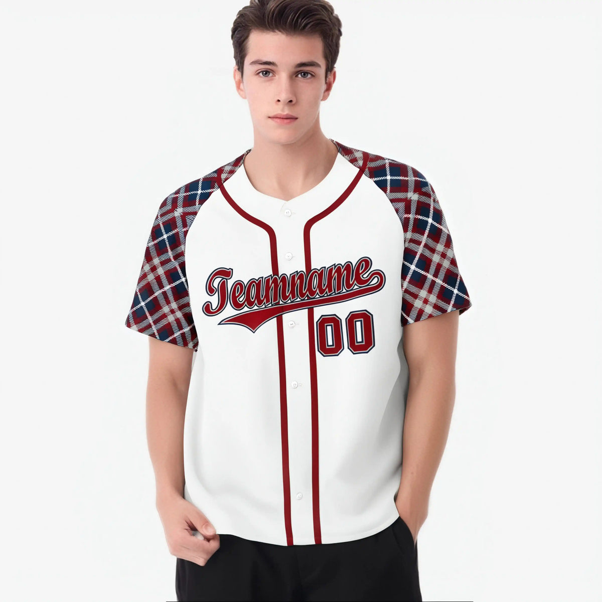 Custom White Crimson-Navy Authentic Plaid sleeve Baseball Jersey