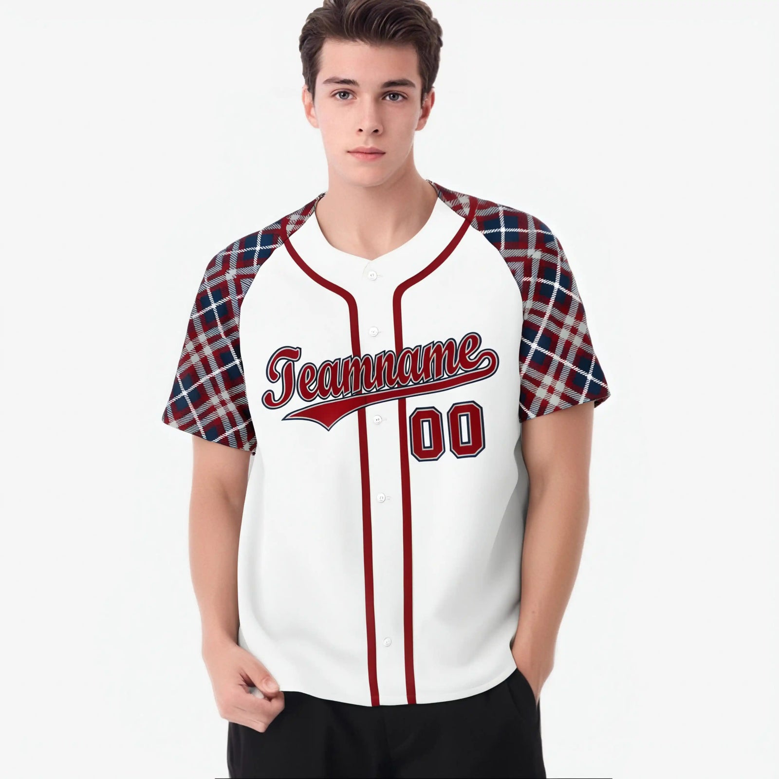 Custom White Crimson-Navy Authentic Plaid sleeve Baseball Jersey