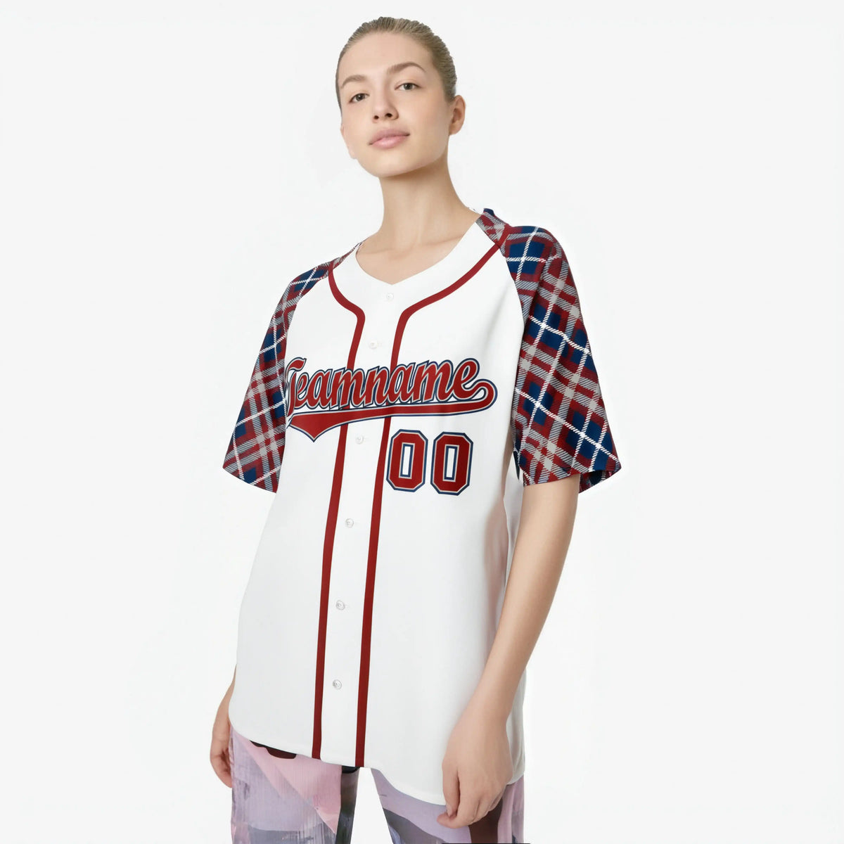 Custom White Crimson-Navy Authentic Plaid sleeve Baseball Jersey