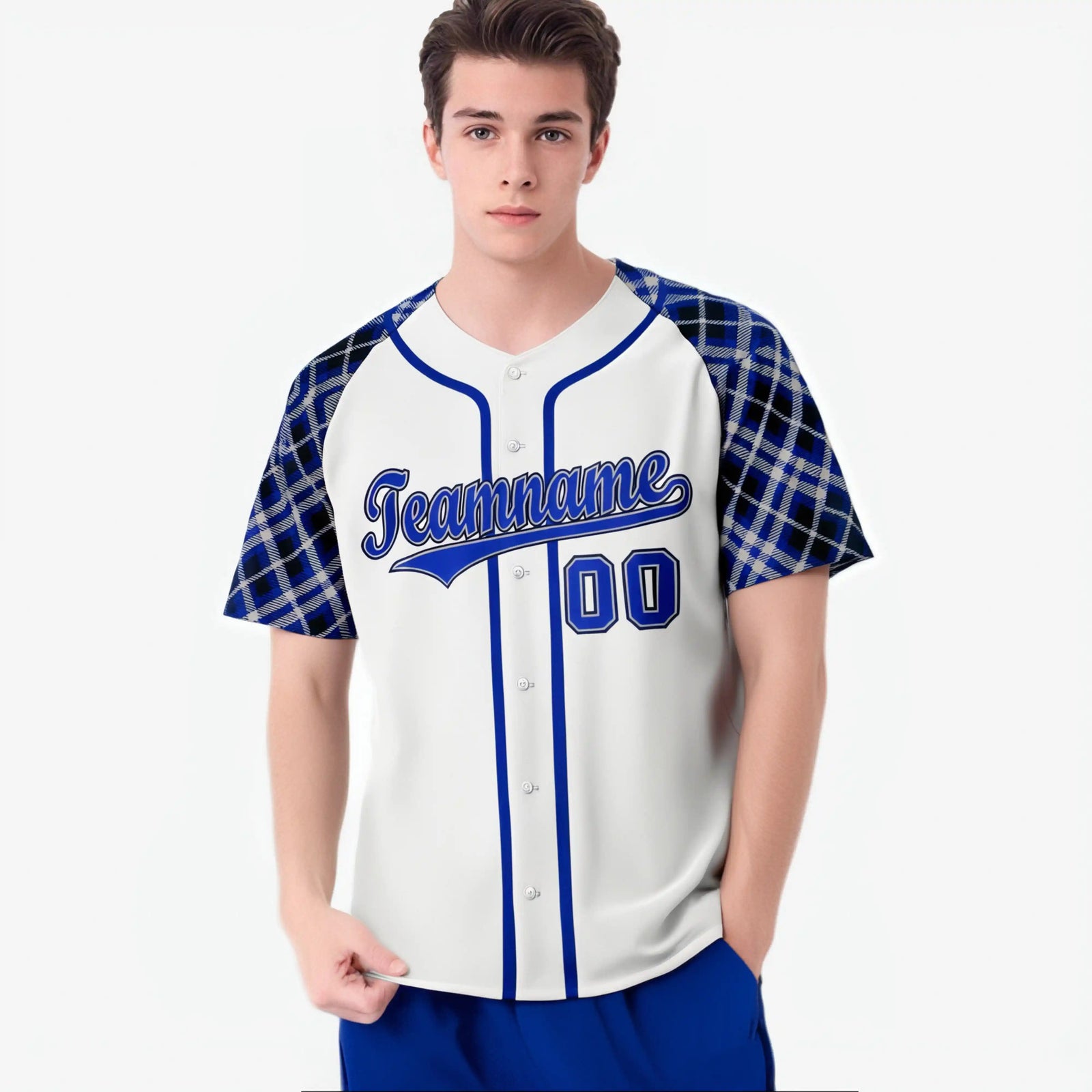 Custom White Purple-Black Authentic Plaid sleeve Baseball Jersey