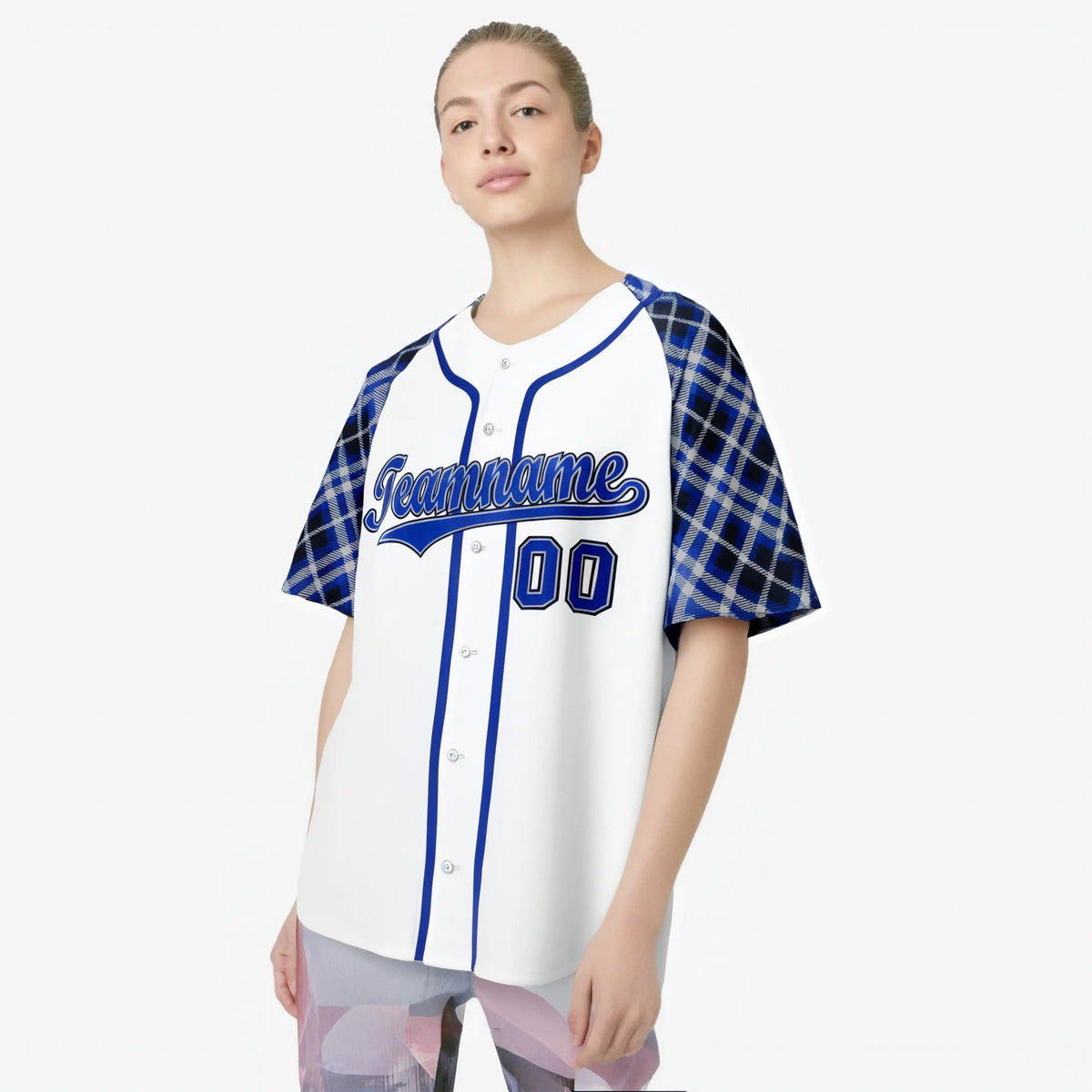 Custom White Purple-Black Authentic Plaid sleeve Baseball Jersey