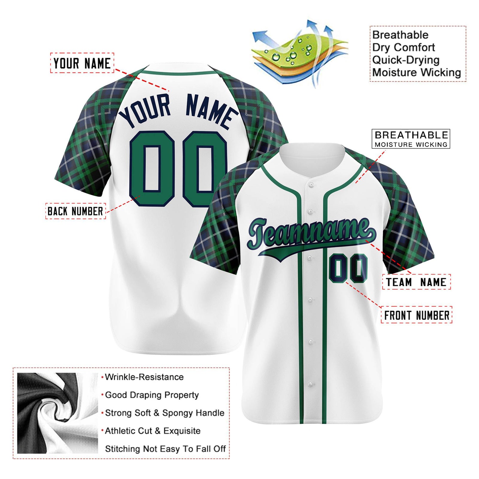 Custom White Green-Navy Authentic Plaid sleeve Baseball Jersey