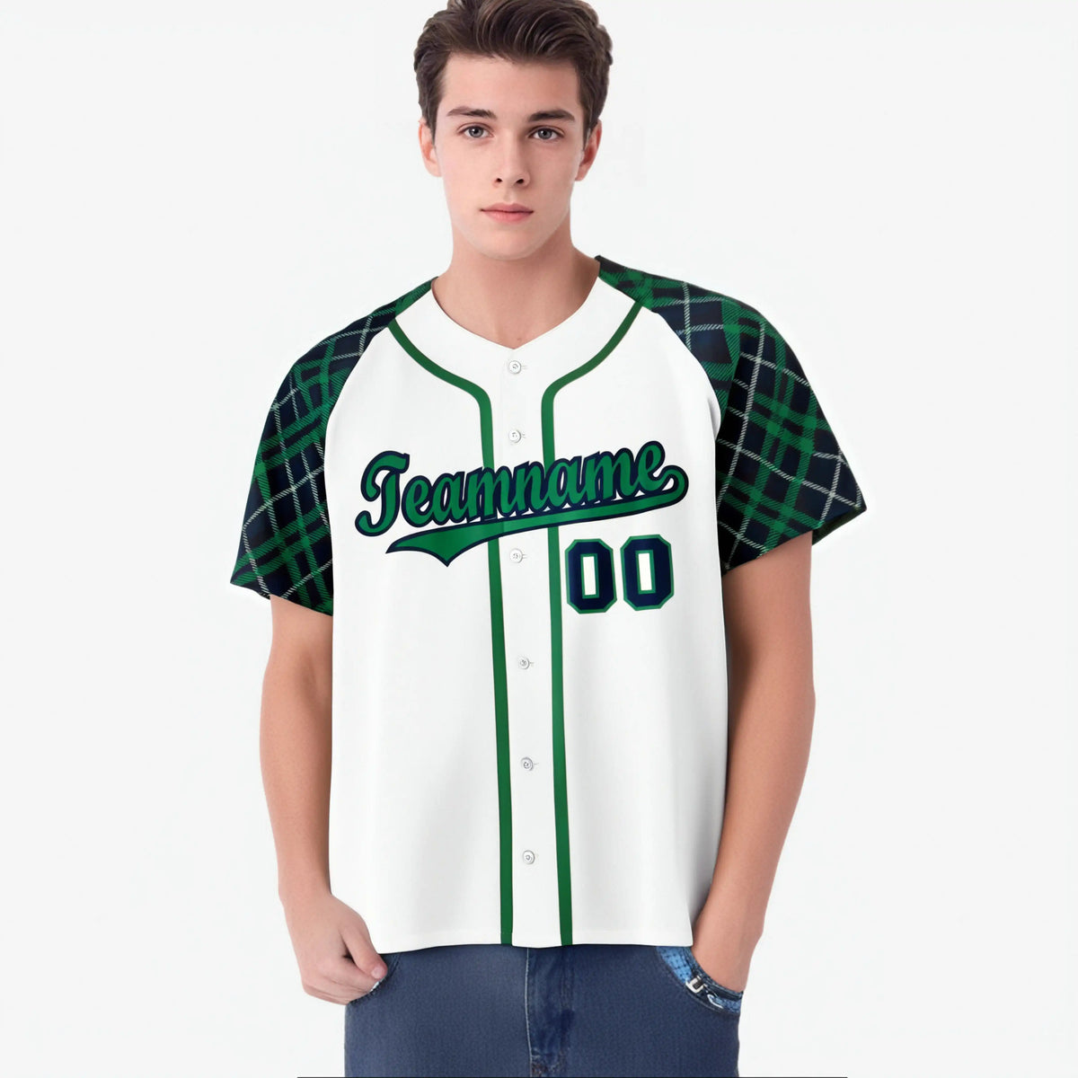 Custom White Green-Navy Authentic Plaid sleeve Baseball Jersey