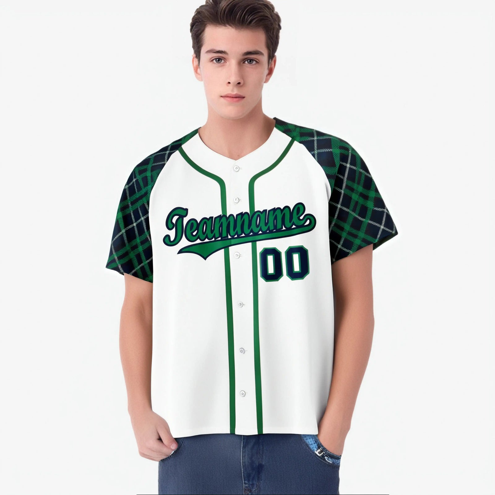 Custom White Green-Navy Authentic Plaid sleeve Baseball Jersey