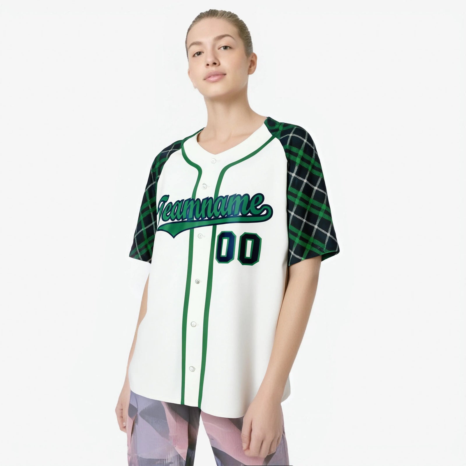 Custom White Green-Navy Authentic Plaid sleeve Baseball Jersey