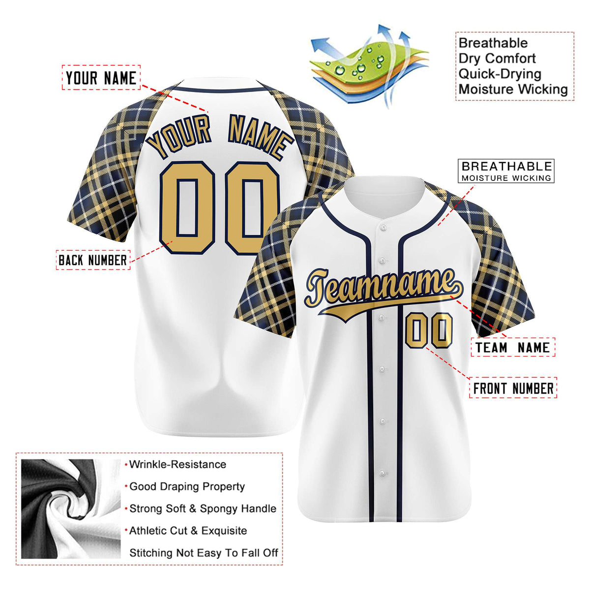 Custom White Yellow-Navy Authentic Plaid sleeve Baseball Jersey