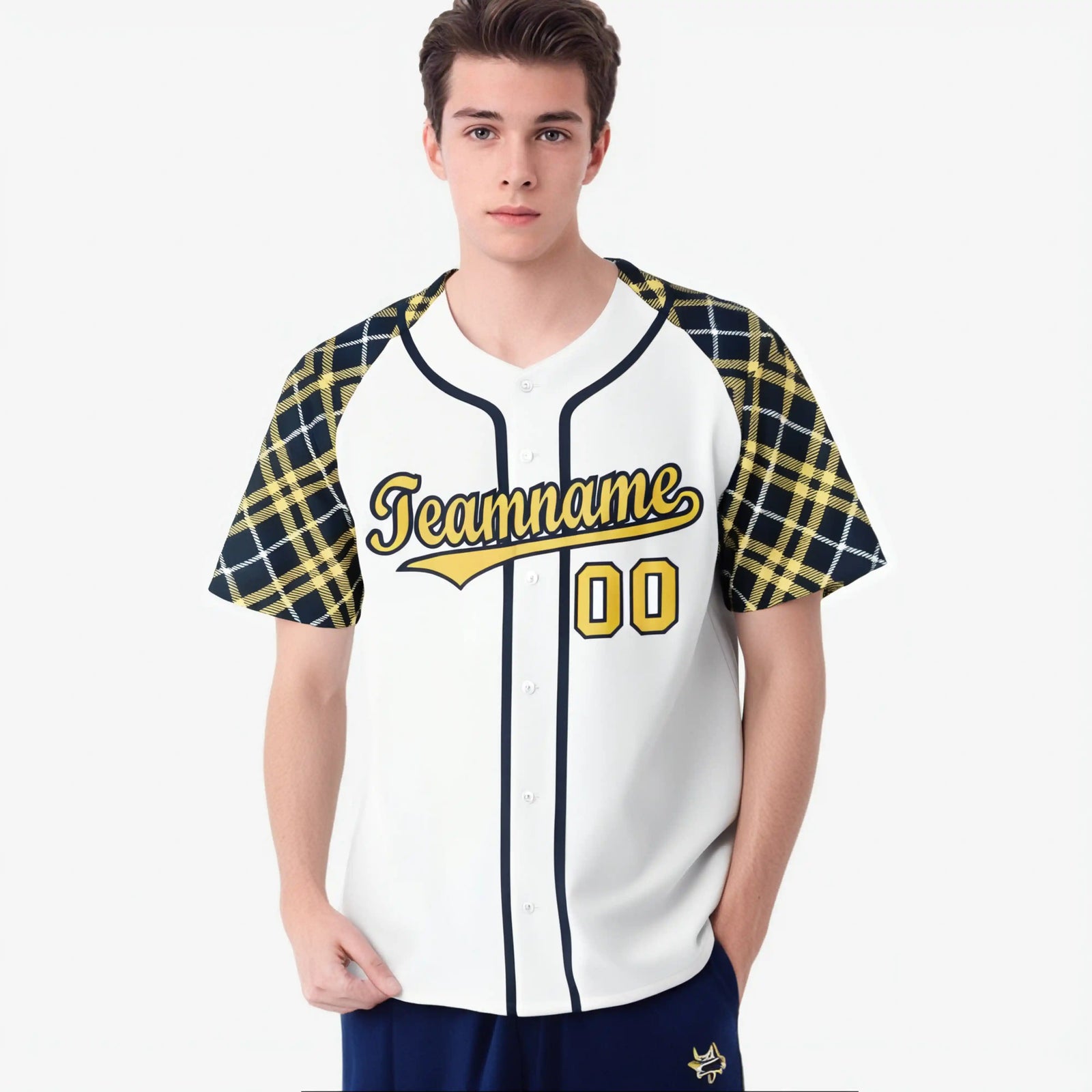 Custom White Yellow-Navy Authentic Plaid sleeve Baseball Jersey