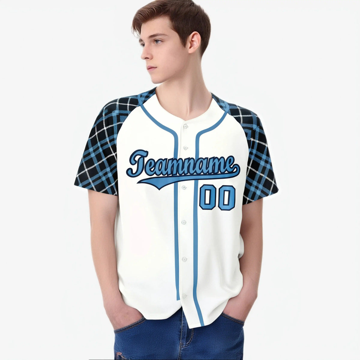 Custom White Blue-Navy Authentic Plaid sleeve Baseball Jersey