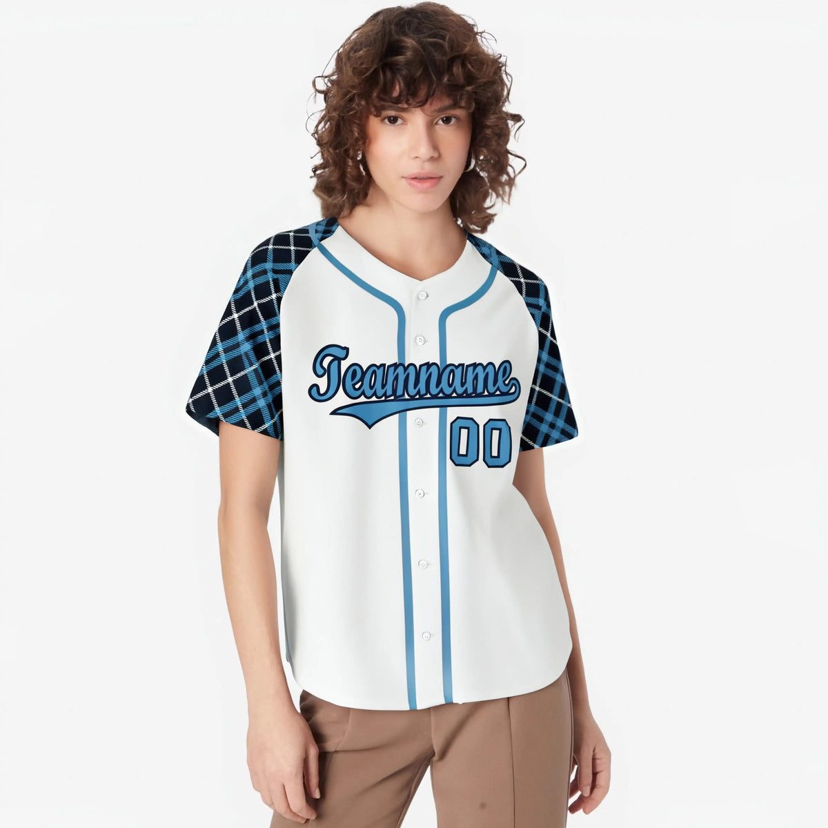 Custom White Blue-Navy Authentic Plaid sleeve Baseball Jersey