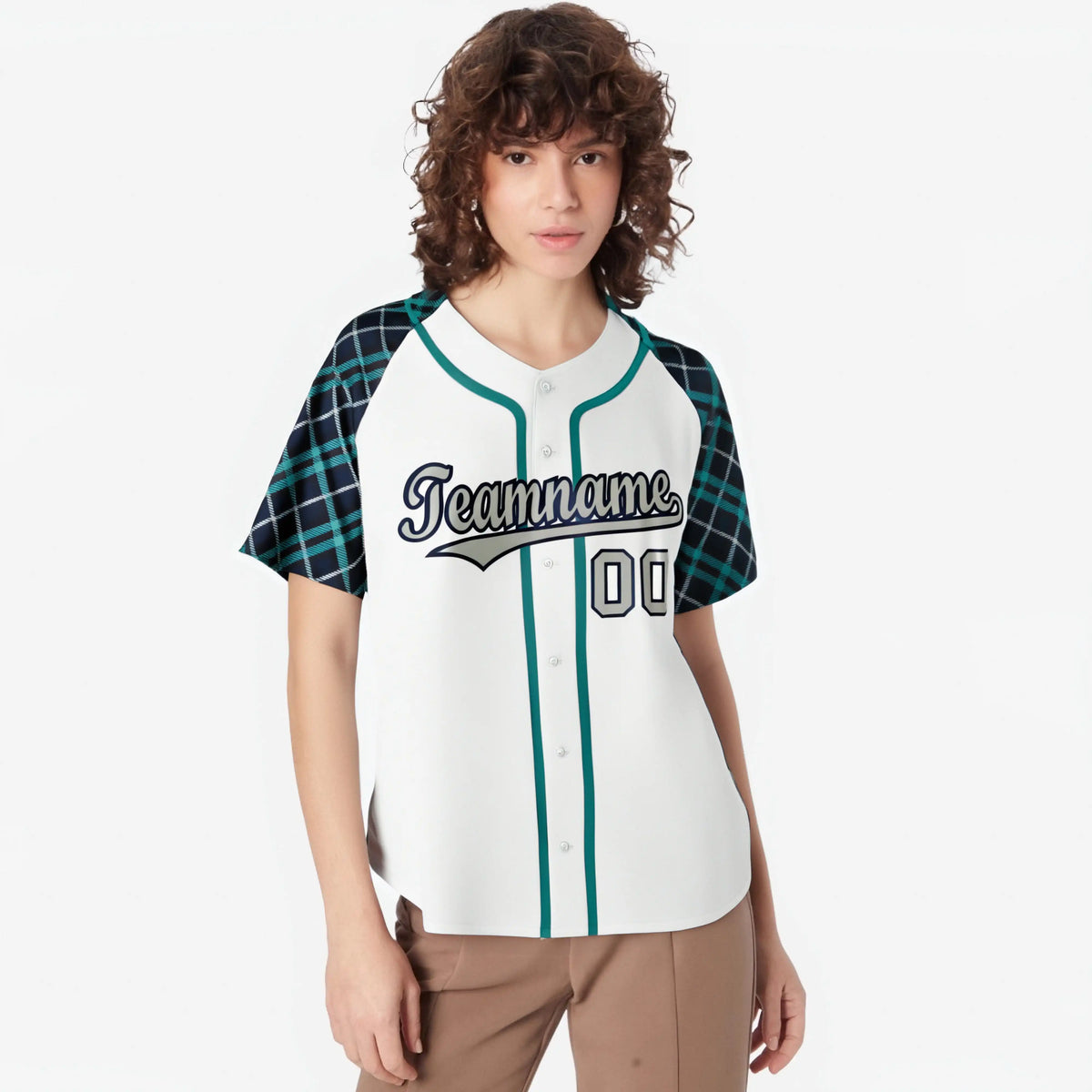 Custom White Greem-Gray Authentic Plaid sleeve Baseball Jersey