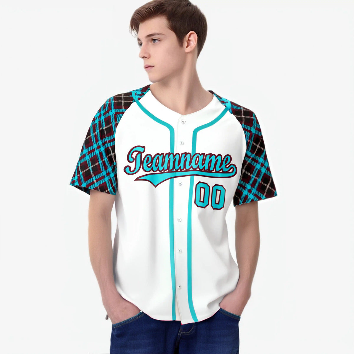 Custom White Blue-Brown Authentic Plaid sleeve Baseball Jersey